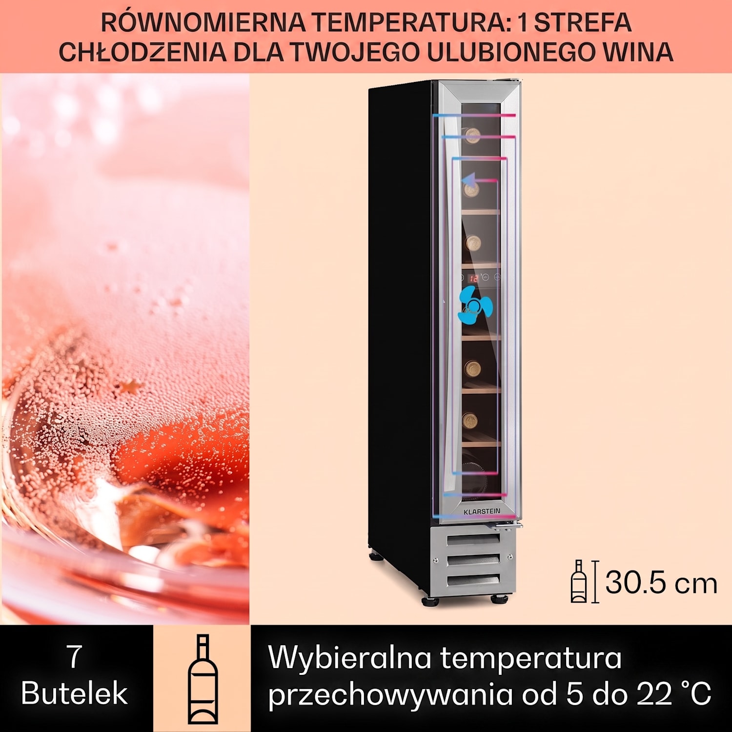 Vinovilla 7 Built-in Uno, chłodziarka do wina do zabudowy, czarne szkło, stal szlachetna 7 butelek | 1 strefa chłodzenia | Stal nierdzewna