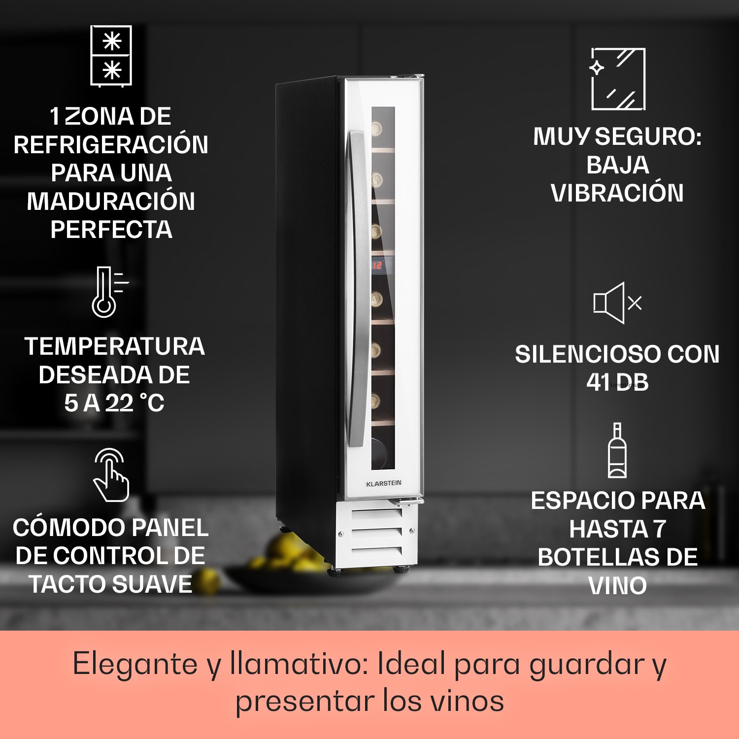 Vinovilla 7 Built in Quartz Frigorífico integrado para vinos cristal blanco Acero inoxidable 7 botellas | 1 zona de refrigeración | Blanco