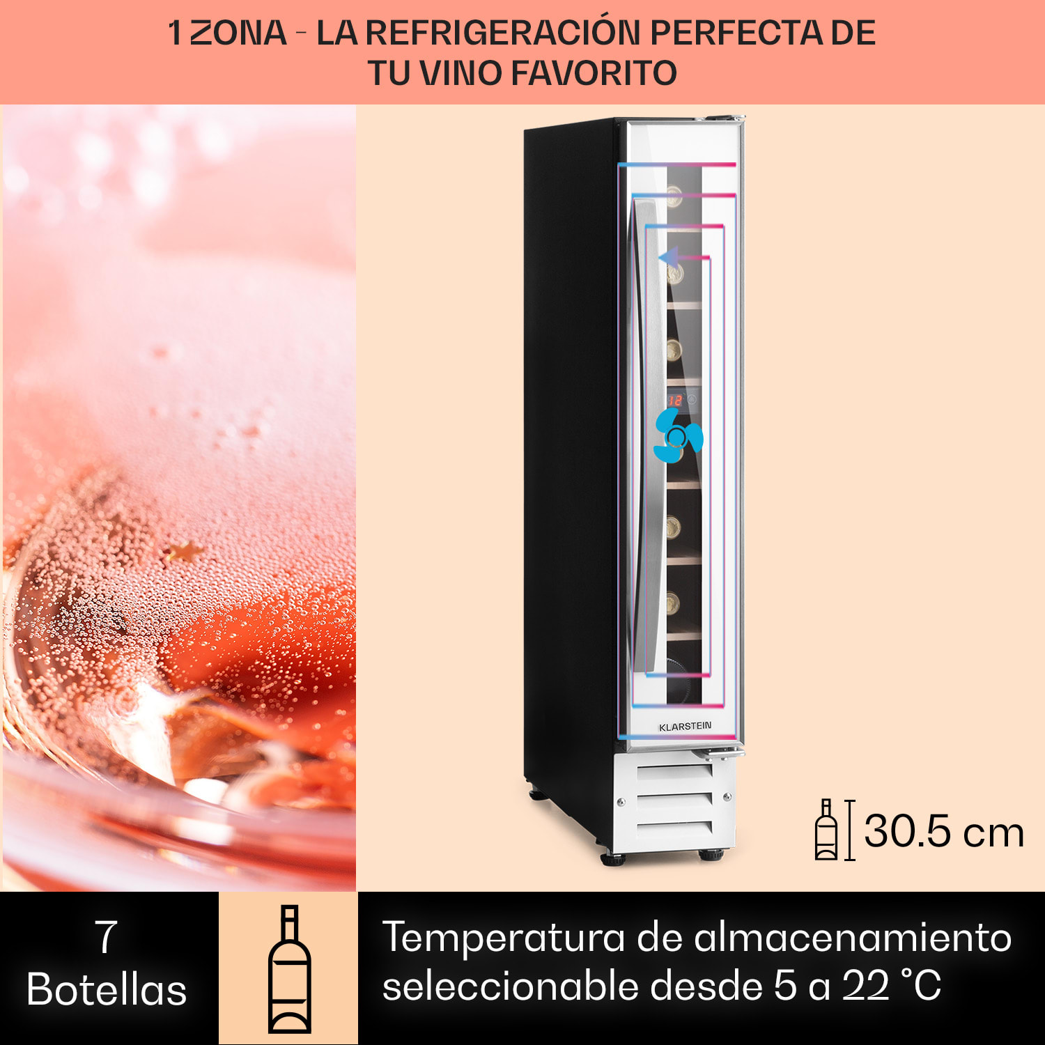 Vinovilla 7 Built in Quartz Frigorífico integrado para vinos cristal blanco Acero inoxidable 7 botellas | 1 zona de refrigeración | Blanco