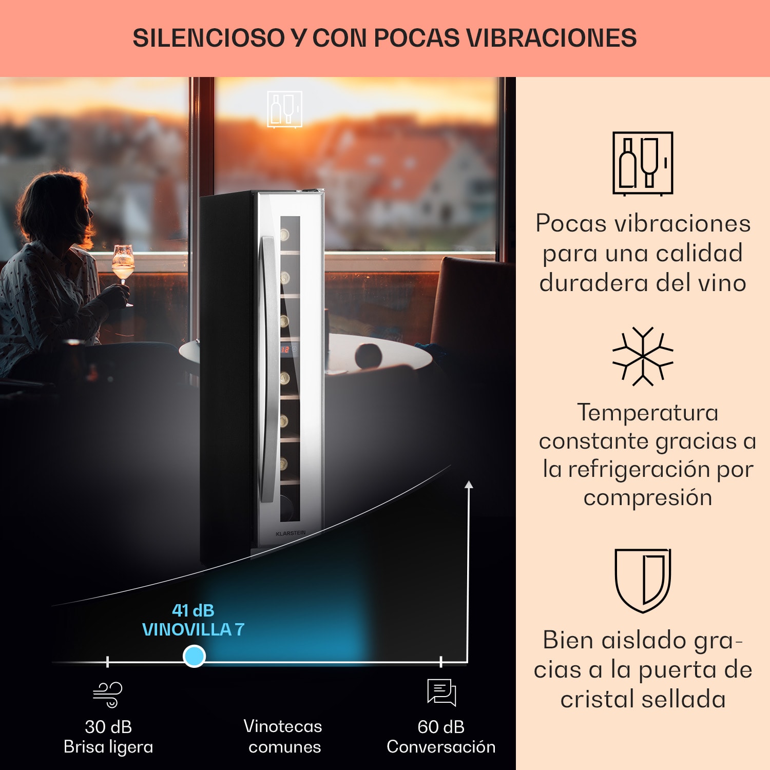 Vinovilla 7 Built in Quartz Frigorífico integrado para vinos cristal blanco Acero inoxidable 7 botellas | 1 zona de refrigeración | Blanco