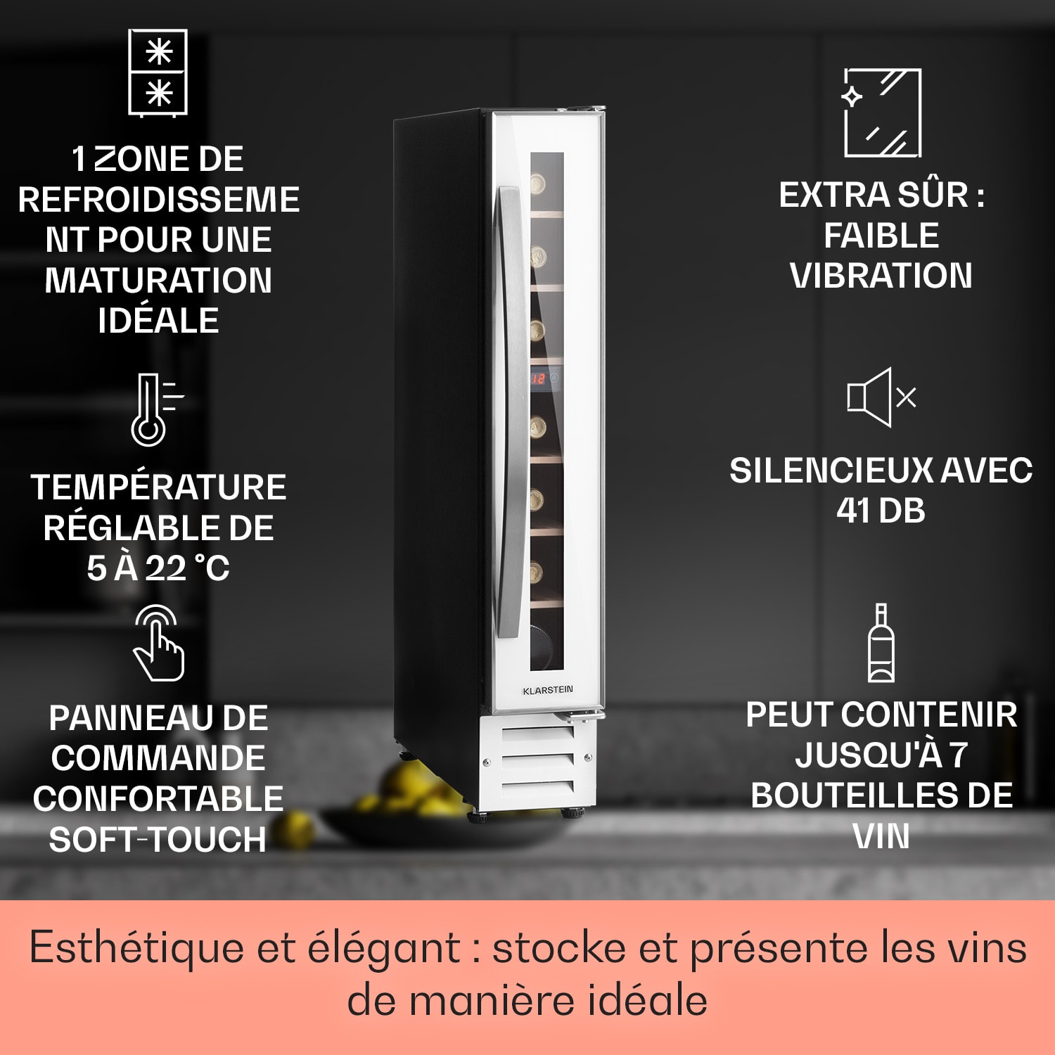 Vinovilla 7 Built-in Uno Quartz Cave à vin encastrable verre blanc inox 7 bouteilles | 1 zone de conservation | Blanc