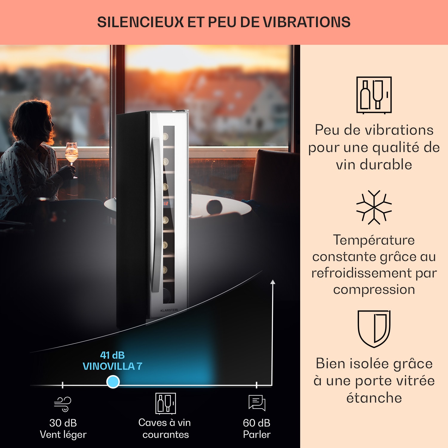 Vinovilla 7 Built-in Uno Quartz Cave à vin encastrable verre blanc inox 7 bouteilles | 1 zone de conservation | Blanc