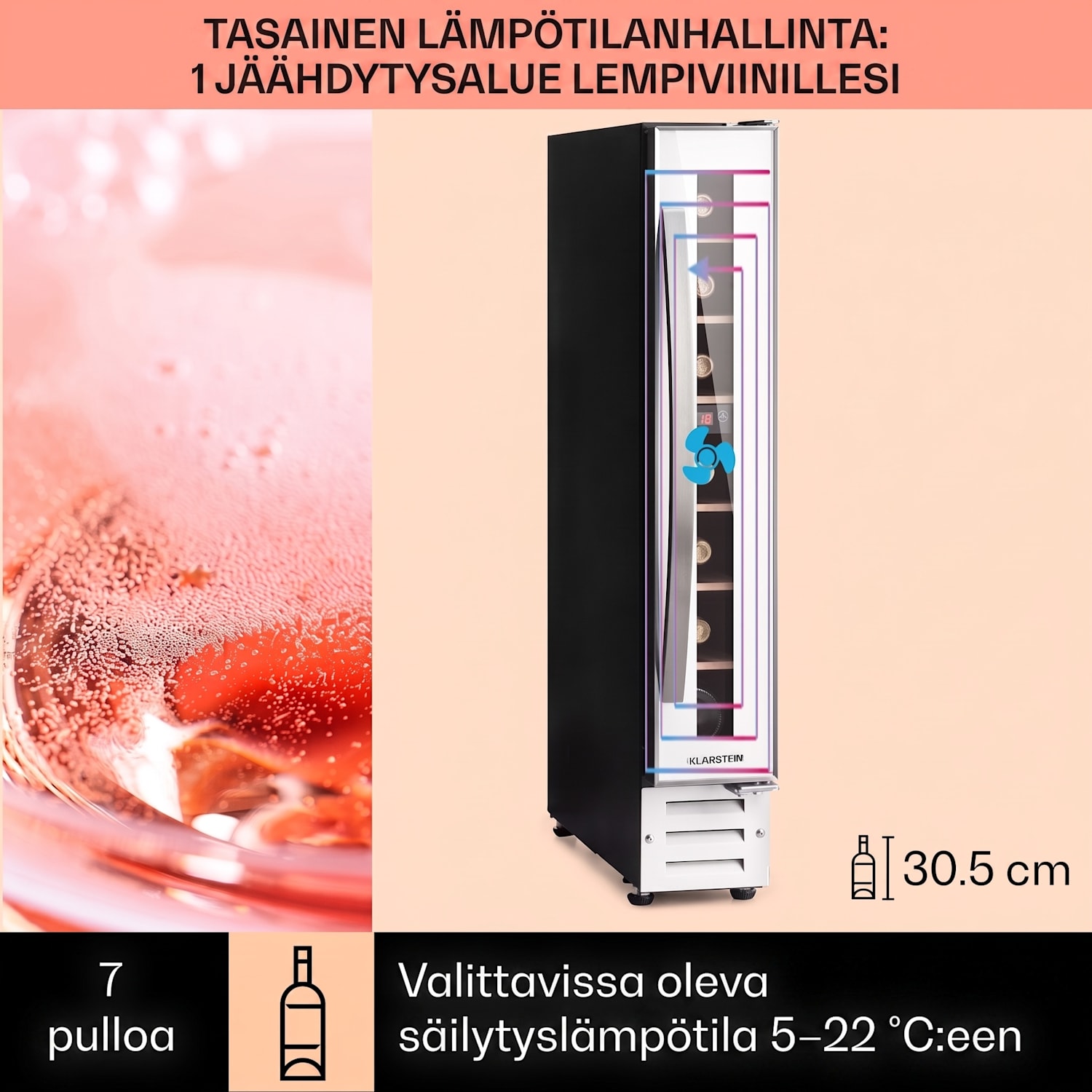 Vinovilla 7 Built-in Uno Quartz integroitava viinikaappi valkoinen lasi ruostumaton teräs 7 pulloa | 1 jäähdytysalue | Valkoinen