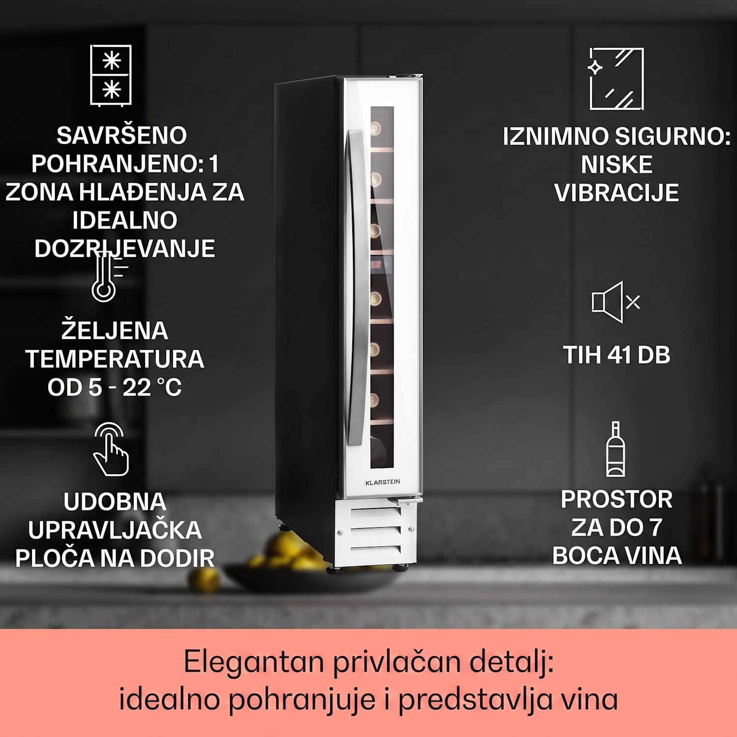 Vinovilla 7, ugradbeni, Uno Quartz, ugrađeni hladnjak za vino, bijelo staklo, nehrđajući čelik 7 boca | 1 | Bijela