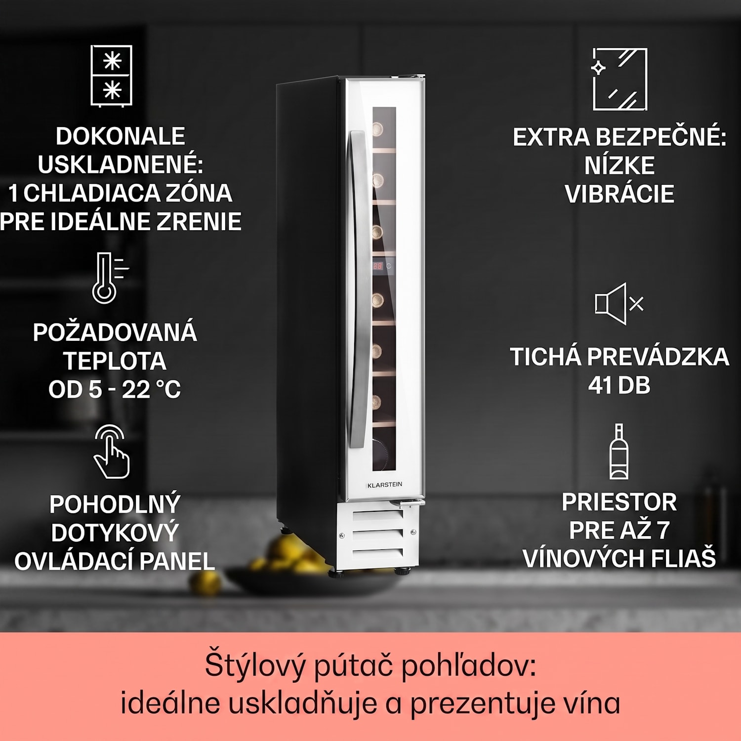 Vinovilla 7 built-in Uno Quartz, vstavaná vinotéka, biele sklo, nehrdzavejúca oceľ 7 fliaš | 1 chladiaca zóna | Biela
