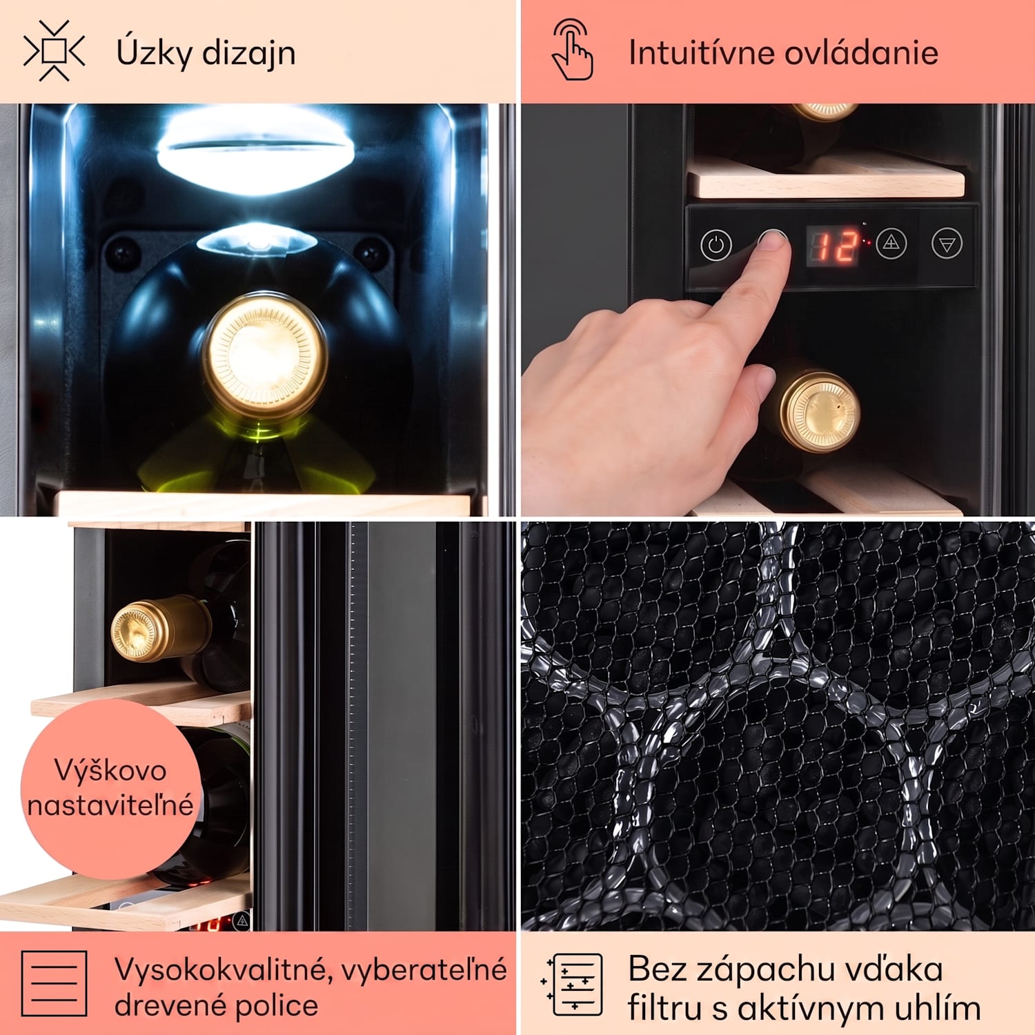 Vinovilla 7 built-in Uno Quartz, vstavaná vinotéka, biele sklo, nehrdzavejúca oceľ 7 fliaš | 1 chladiaca zóna | Biela