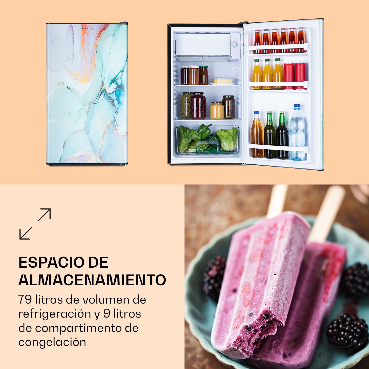 Combinación de frigorífico y congelador CoolArt 79L, clase de eficiencia energética F, congelador 9 litros, puerta de diseño 