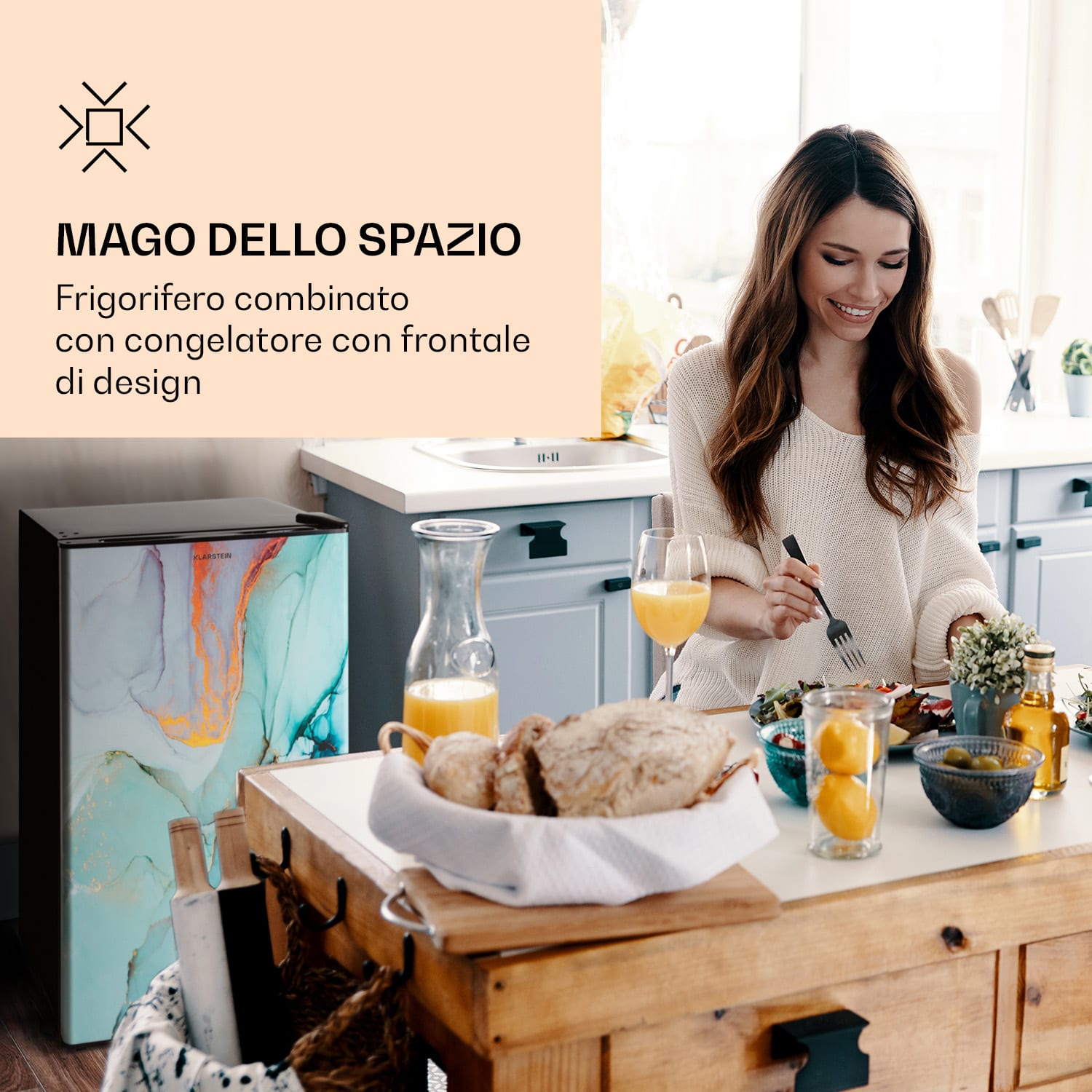 CoolArt 79L - Frigorifero con vano congelatore, classe energetica F, vano congelatore da 9 L, sportello di design 