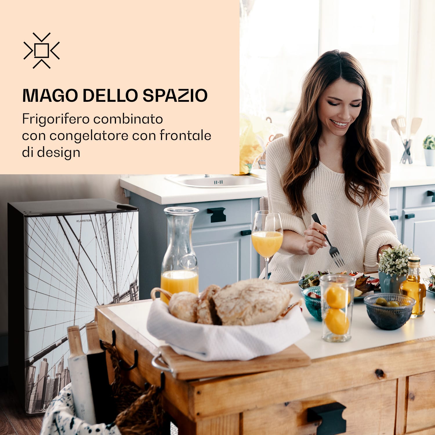 CoolArt 79L - Frigorifero con vano congelatore, classe energetica F, vano congelatore da 9 L, sportello di design 