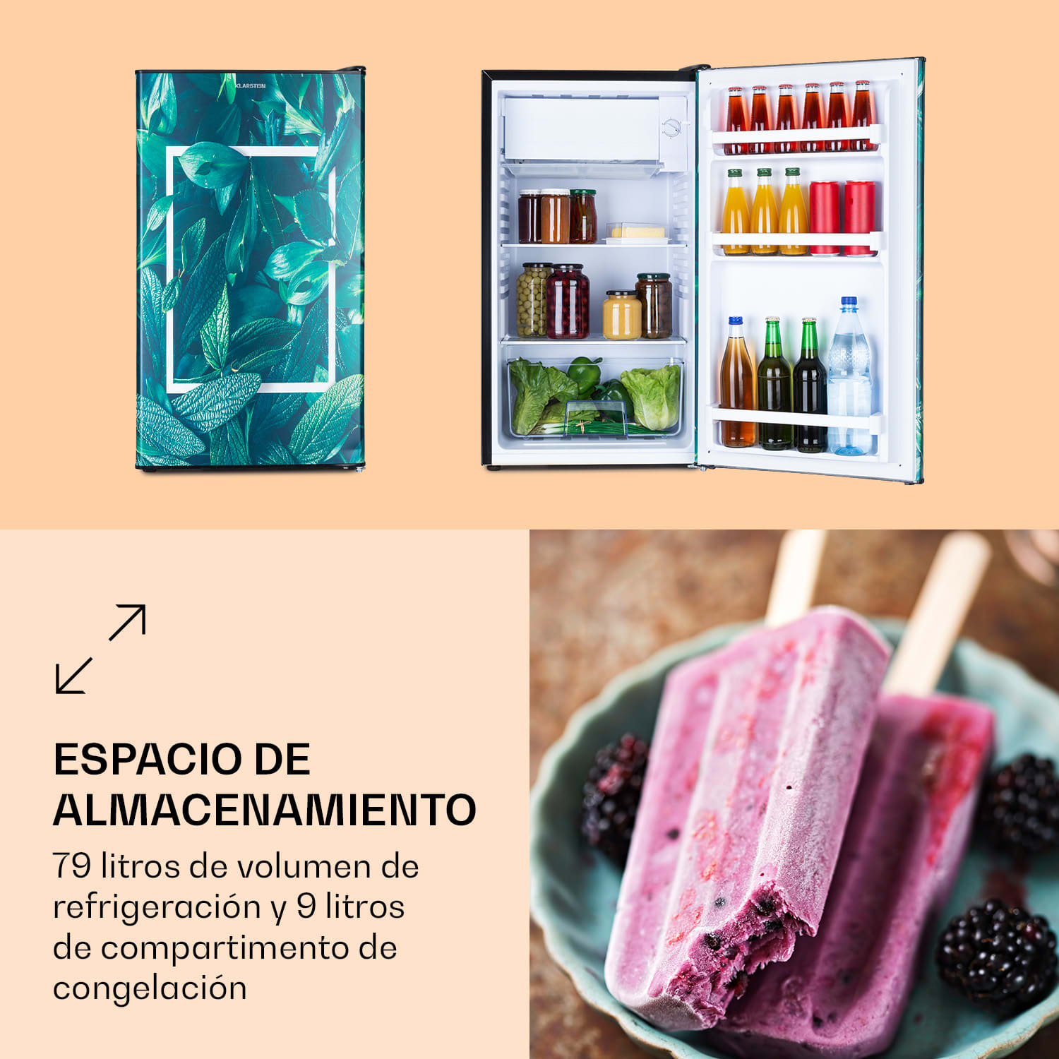Combinación de frigorífico y congelador CoolArt 79L, clase de eficiencia energética F, congelador 9 litros, puerta de diseño Forest