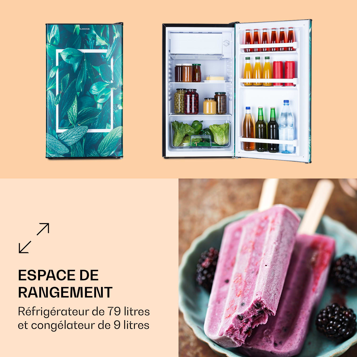 Combiné réfrigérateur-congélateur CoolArt 79L CEE F compartiment congélateur 9l porte design Forest