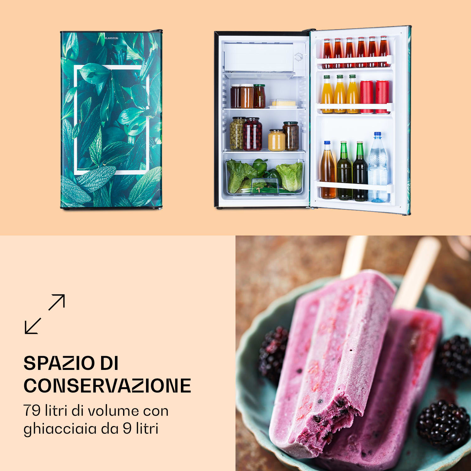 CoolArt 79L - Frigorifero con vano congelatore, classe energetica F, vano congelatore da 9 L, sportello di design Forest