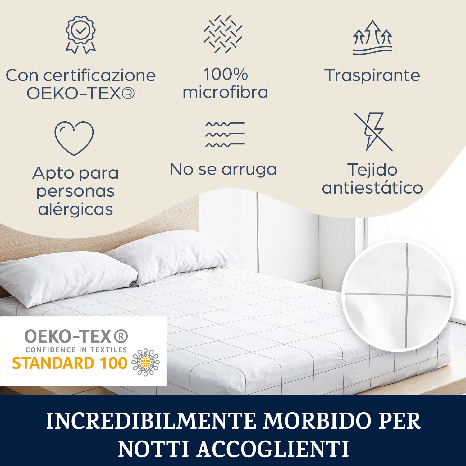 Soft Wonder-Edition, lenzuolo con angoli, 90-100 x 200 cm, microfibra Grigio / Bianco A Quadretti