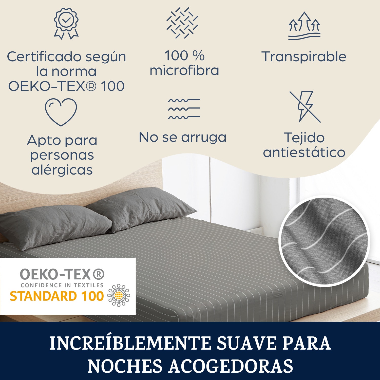 Sábana bajera Soft Wonder-Edition 180-200 x 200 cm microfibra Gris/Blanco A Rayas