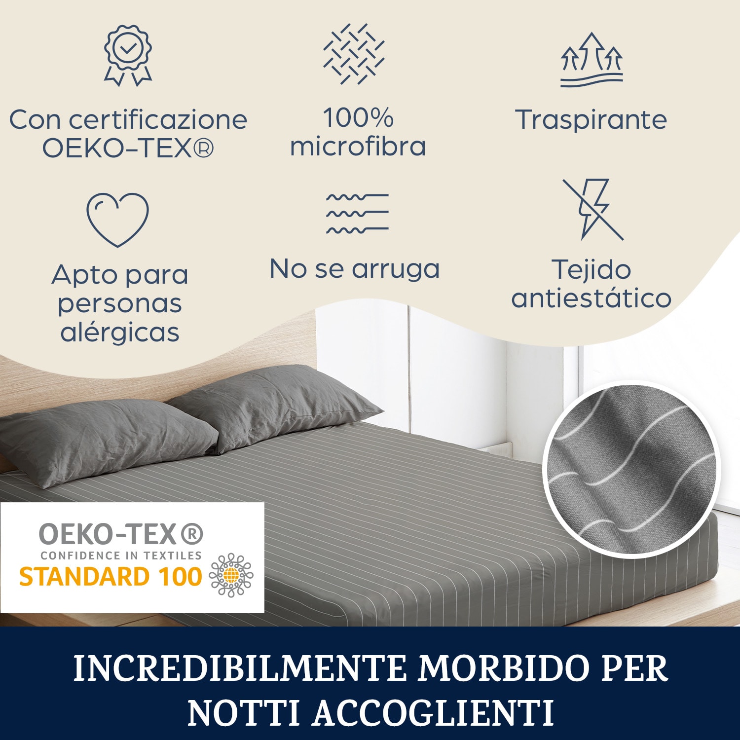 Soft Wonder-Edition, lenzuolo con angoli, 180-200 x 200 cm, microfibra Grigio / Bianco A Strisce
