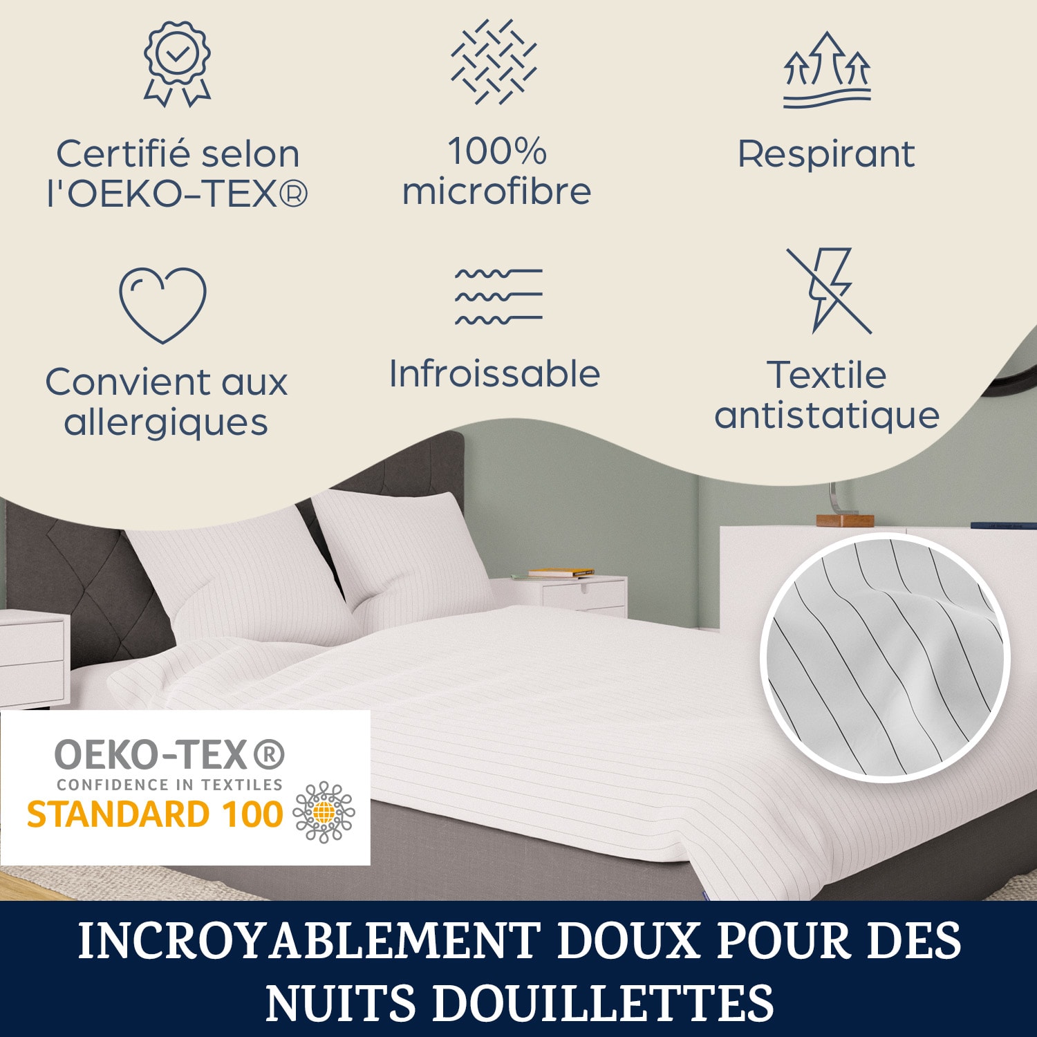 Soft Wonder-Edition parure de lit 155x200 cm Rayé Blanc / Gris