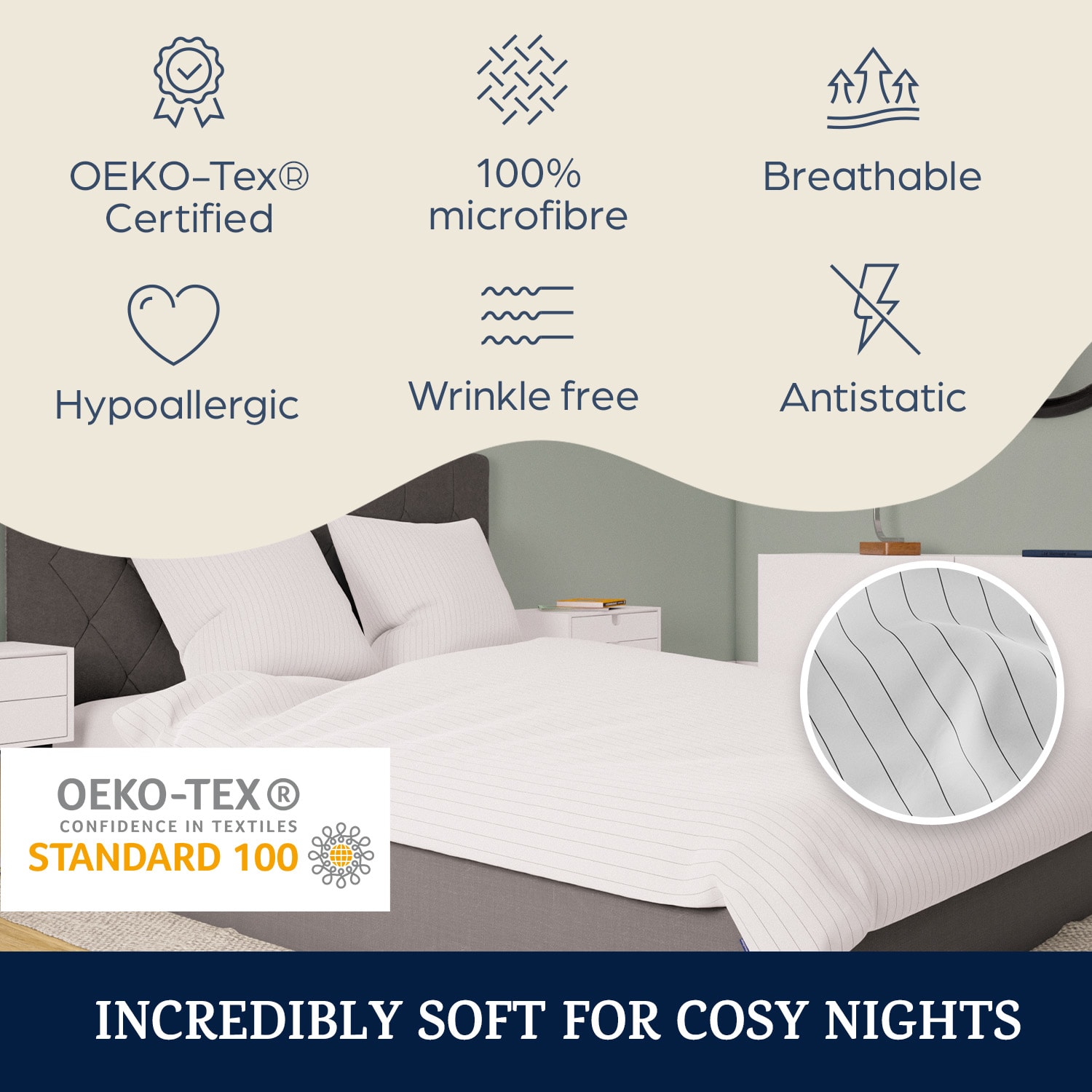 Soft Wonder-Edition, vuodevaatteet, 155 x 200 cm Valkoharmaaraidallinen