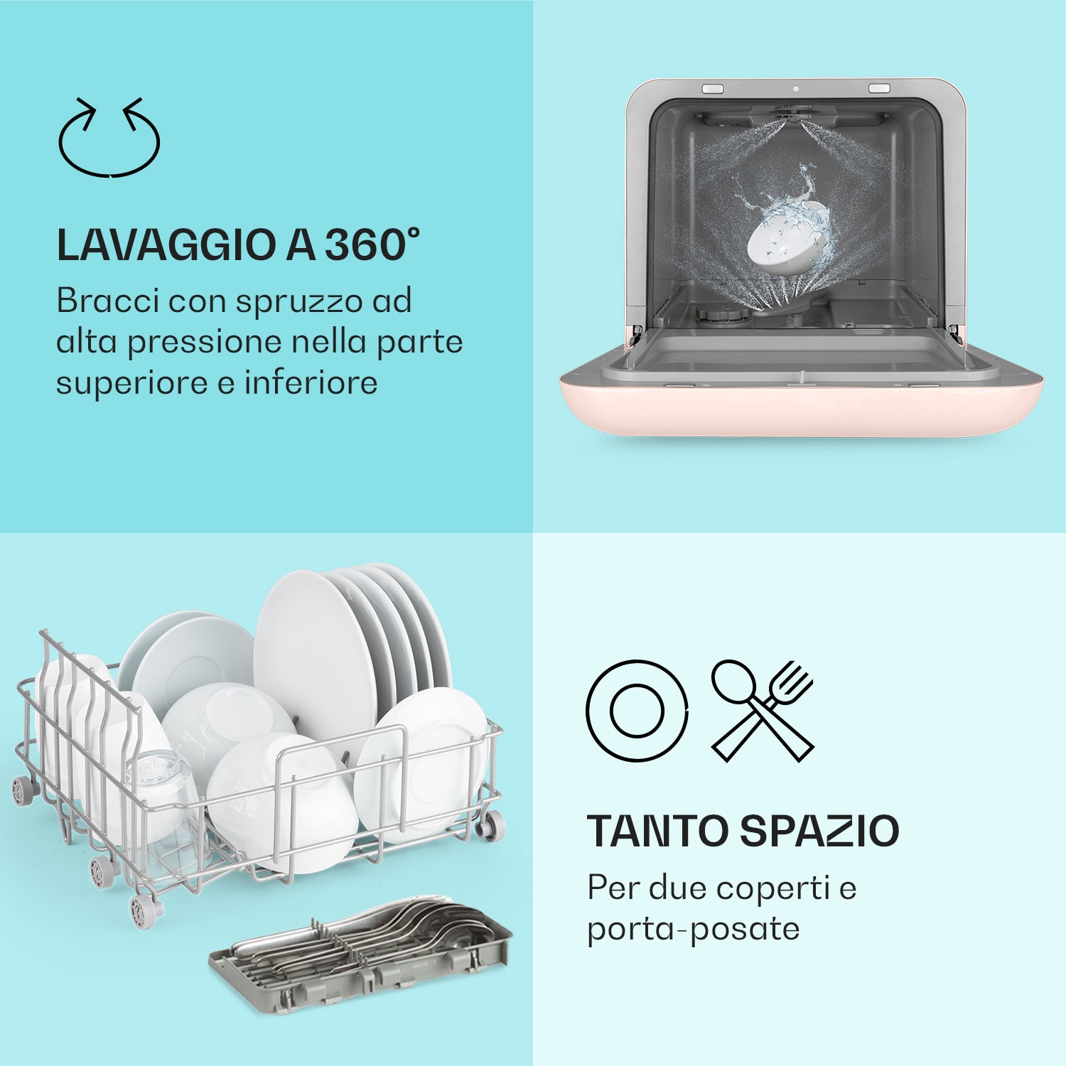 Lavastoviglie Aquatica da tavolo senza installazione 2 coperti 860W Rosa tenue
