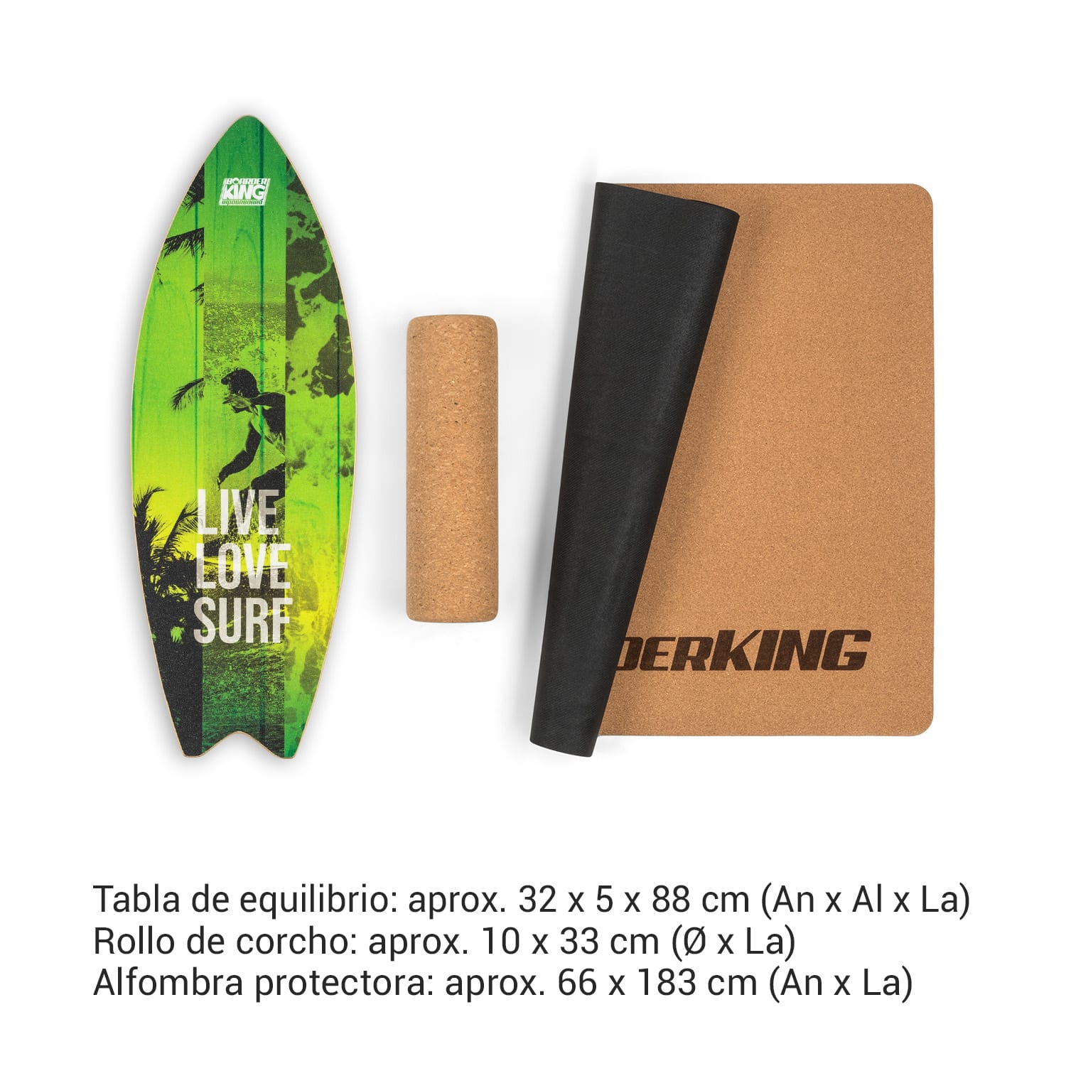 Indoorboard Wave Tabla de equilibro + Esterilla + Rodillo Madera/Corcho Green Surf