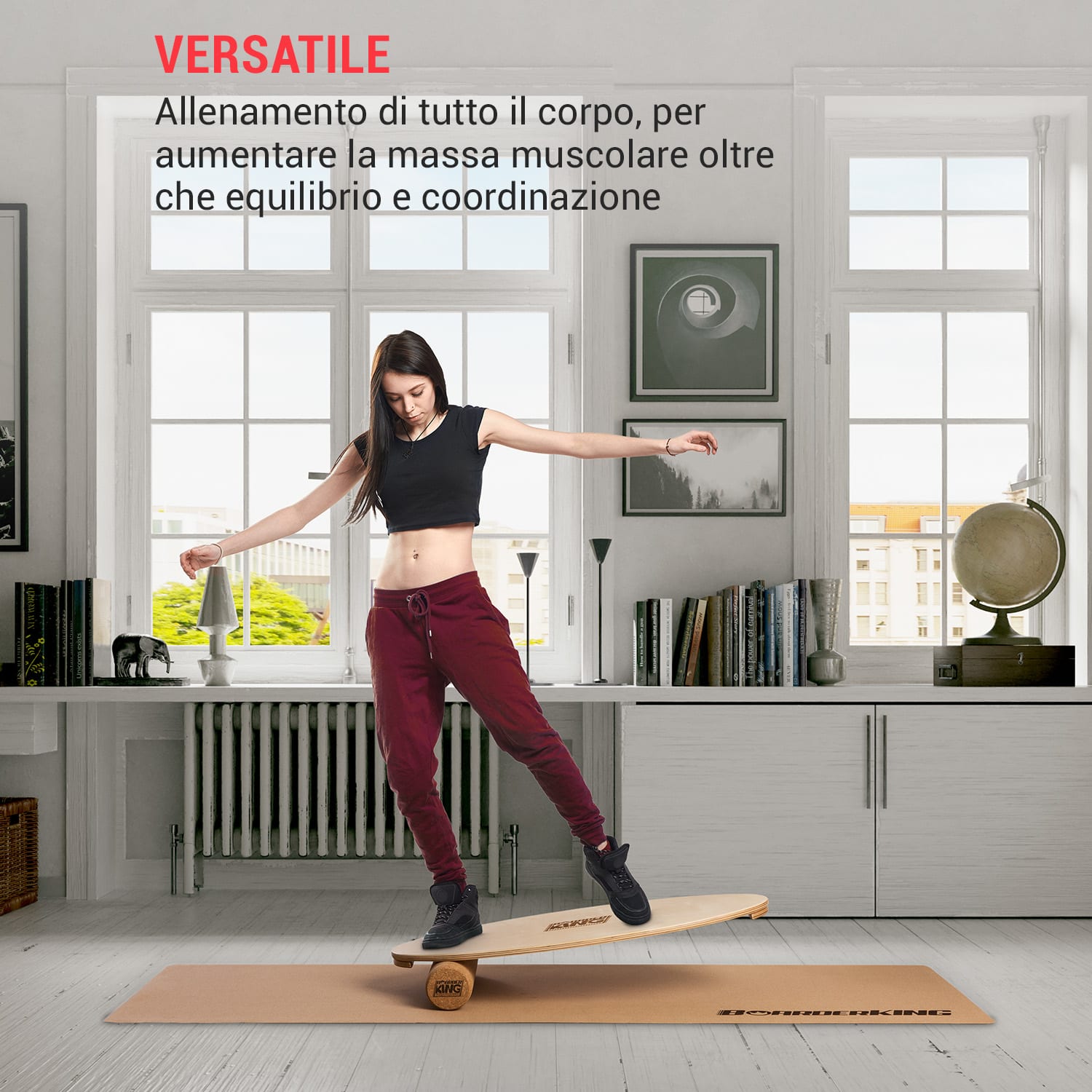 Indoorboard Allrounder, Balance Board + Tappetino + Rullo, Legno/Sughero Acero