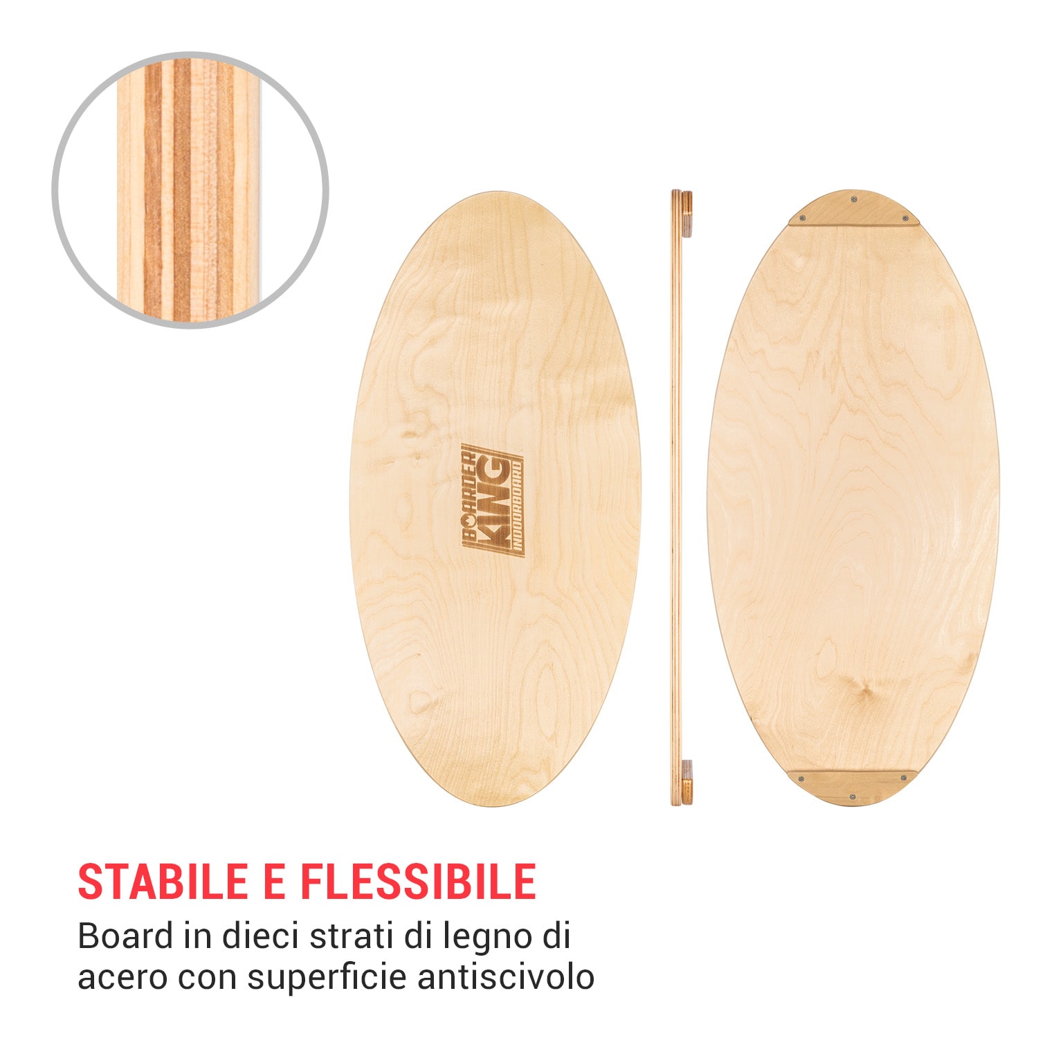 Indoorboard Allrounder, Balance Board + Tappetino + Rullo, Legno/Sughero Acero
