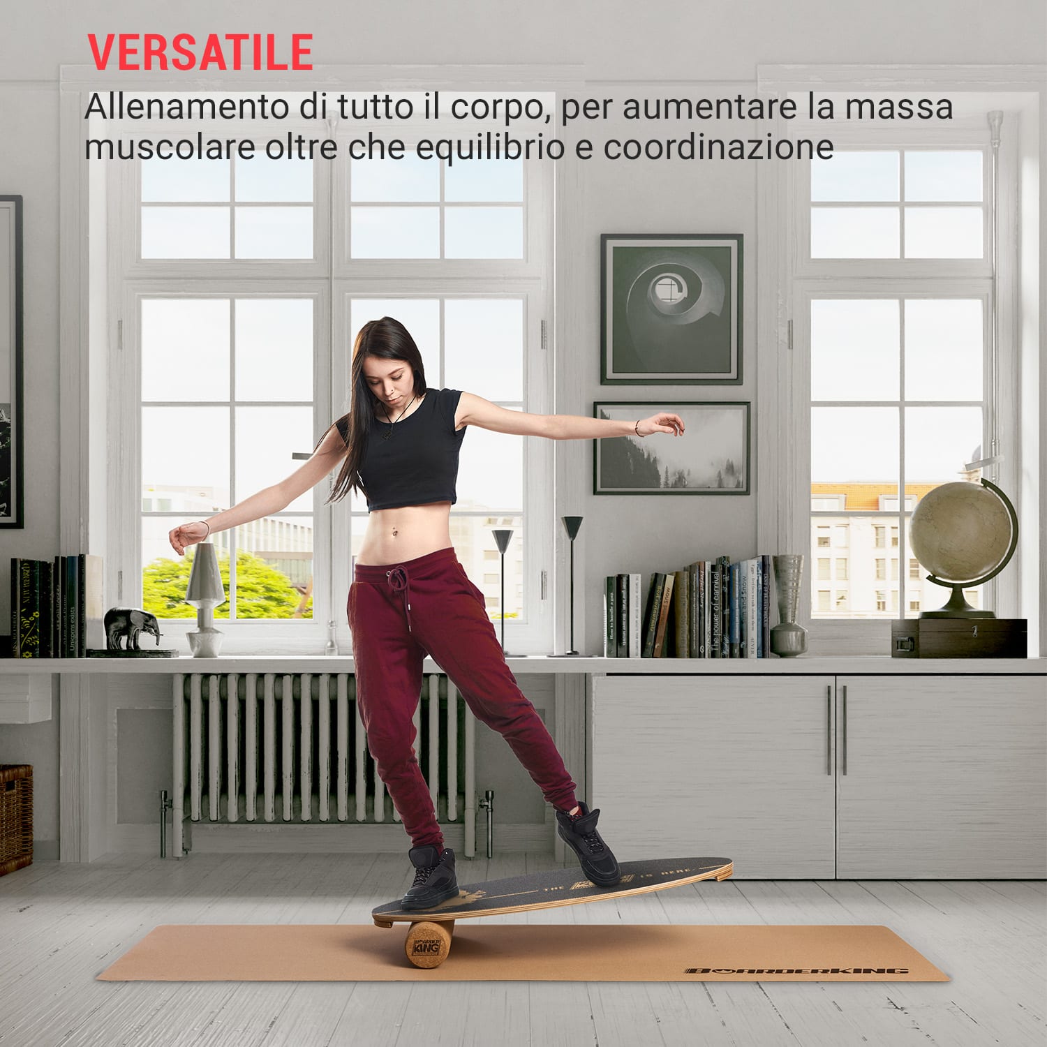 Indoorboard Allrounder, Balance Board + Tappetino + Rullo, Legno/Sughero BoarderKing