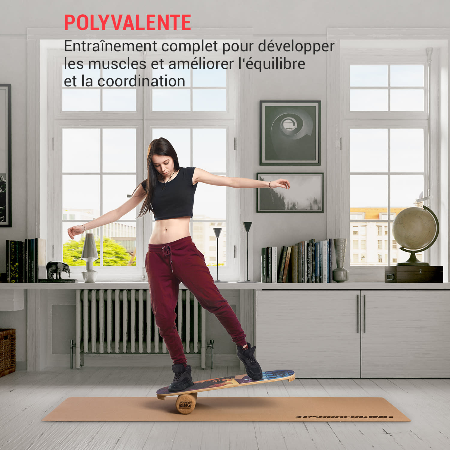 Indoorboard Classic planche d'équilibre + tapis + rouleau bois / liège rouge 