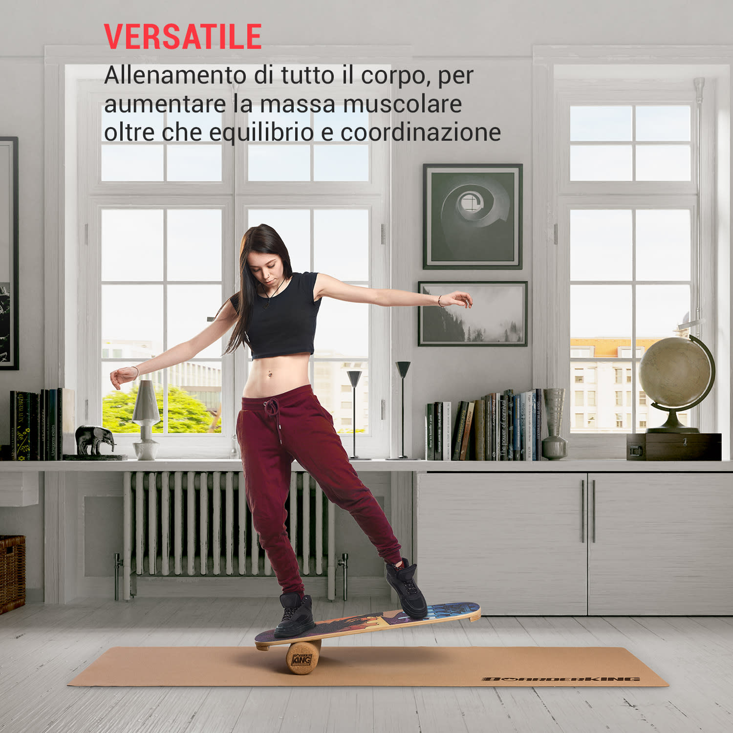 Indoorboard Classic, Balance Board + Tappetino + Rullo, Legno/Sughero, rosso 