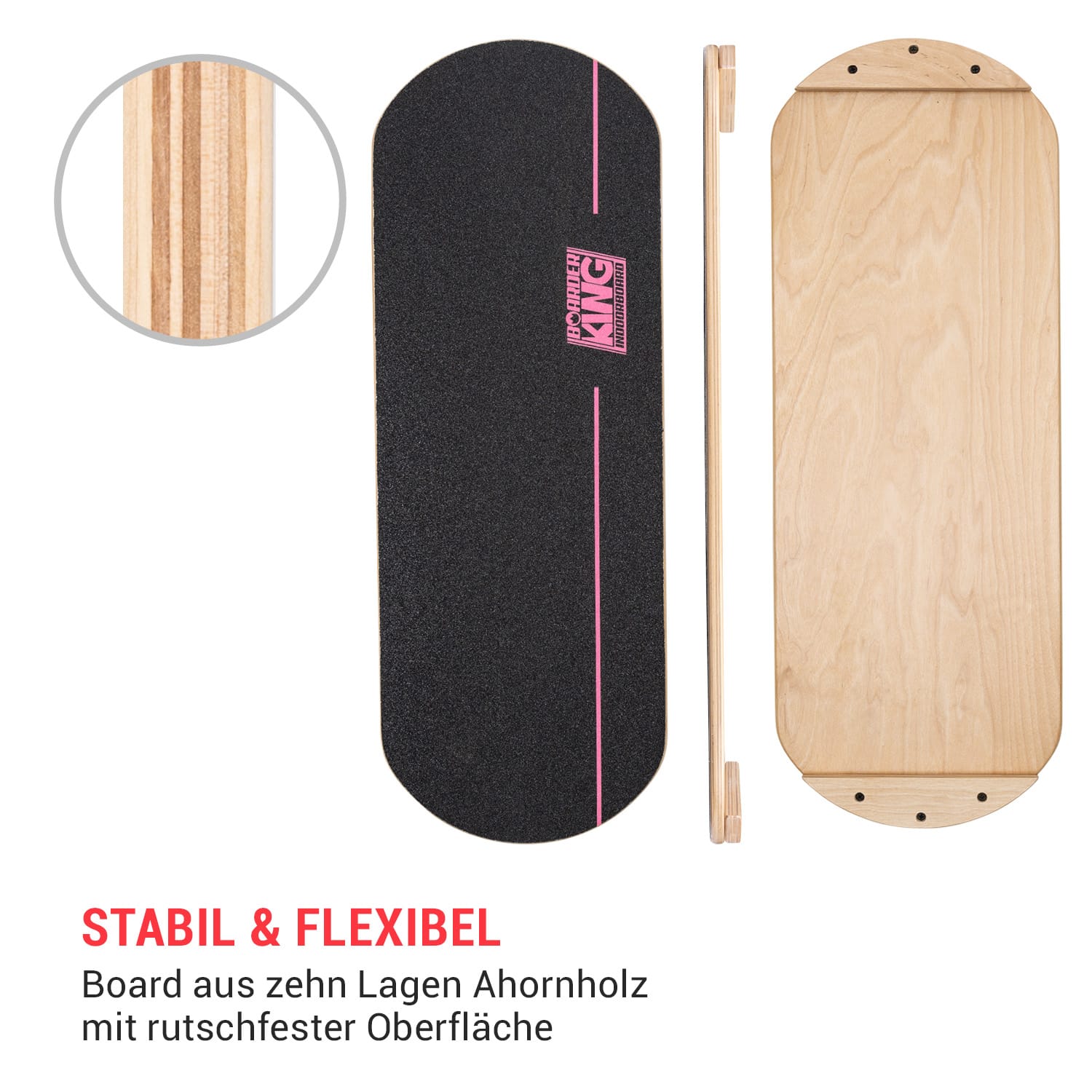 Indoorboard Classic Balance Board + Matte + Rolle Holz / Kork Bonbonrosa