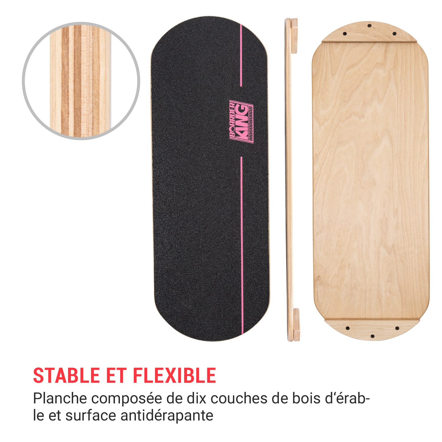 Indoorboard Classic planche d'équilibre + tapis + rouleau bois / liège rouge Rose Bonbon