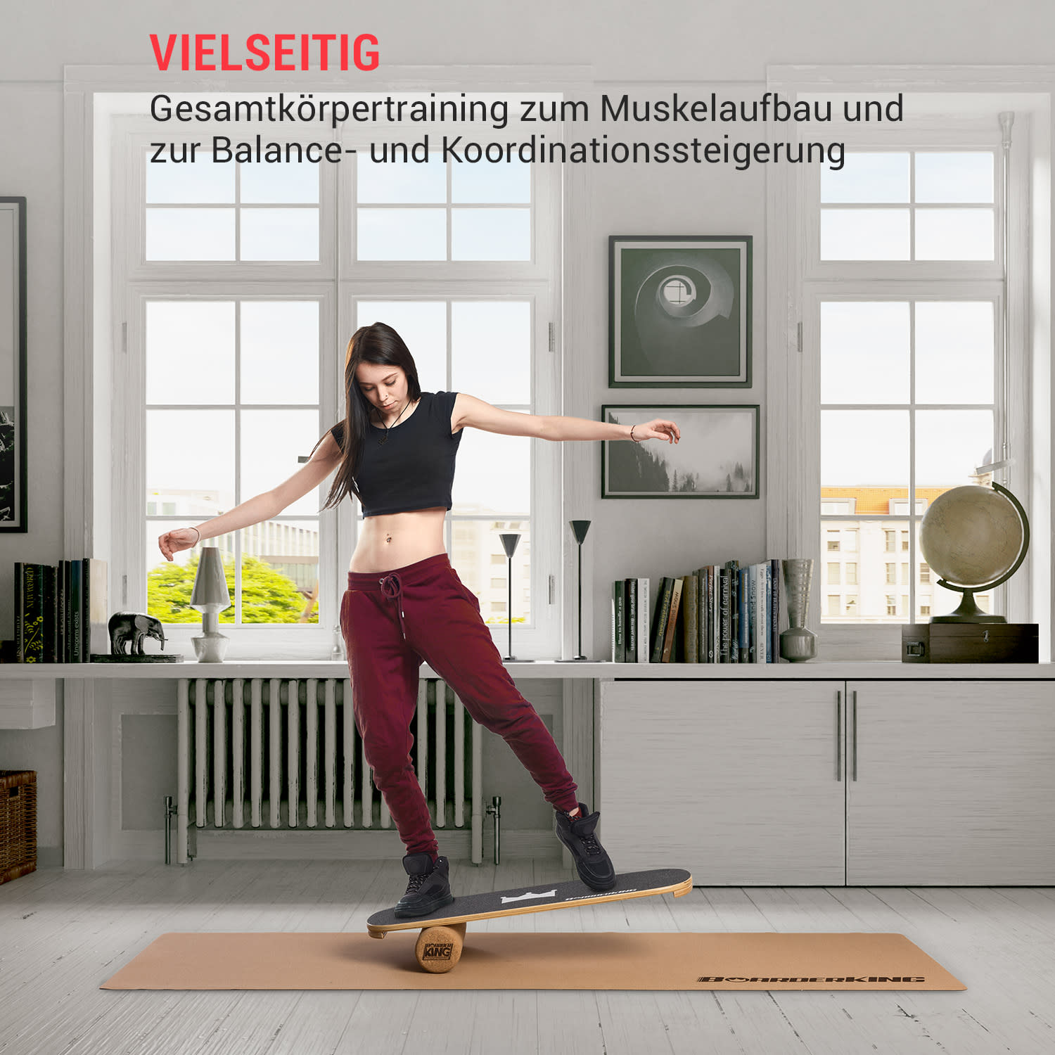 Indoorboard Classic Balance Board + Matte + Rolle Holz / Kork Weiß