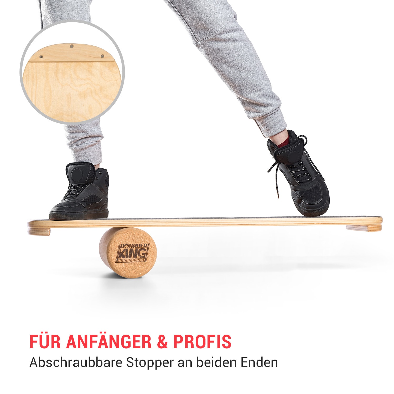 Indoorboard Classic Balance Board + Matte + Rolle Holz / Kork Weiß