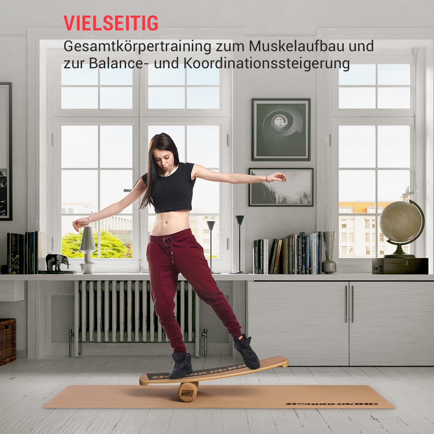 Indoorboard Curved Balance Board + Matte + Rolle Holz / Kork 