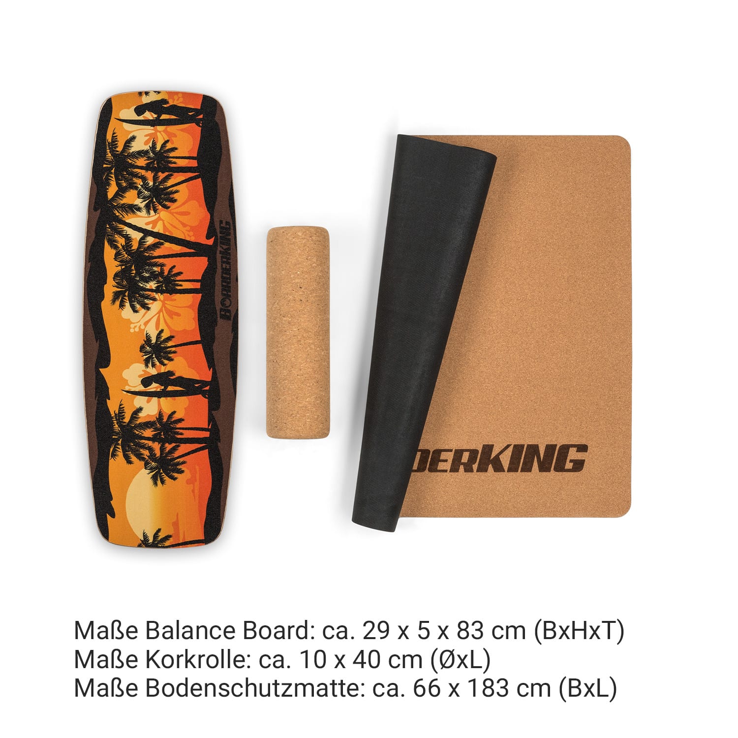 Indoorboard Curved Balance Board + Matte + Rolle Holz / Kork 