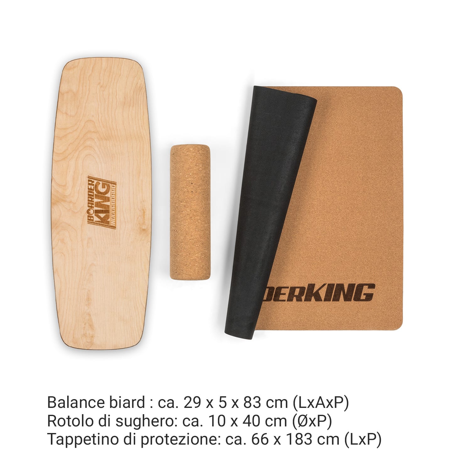 Indoorboard Curved, Balance board + tappetino + rullo, legno/sughero Acero