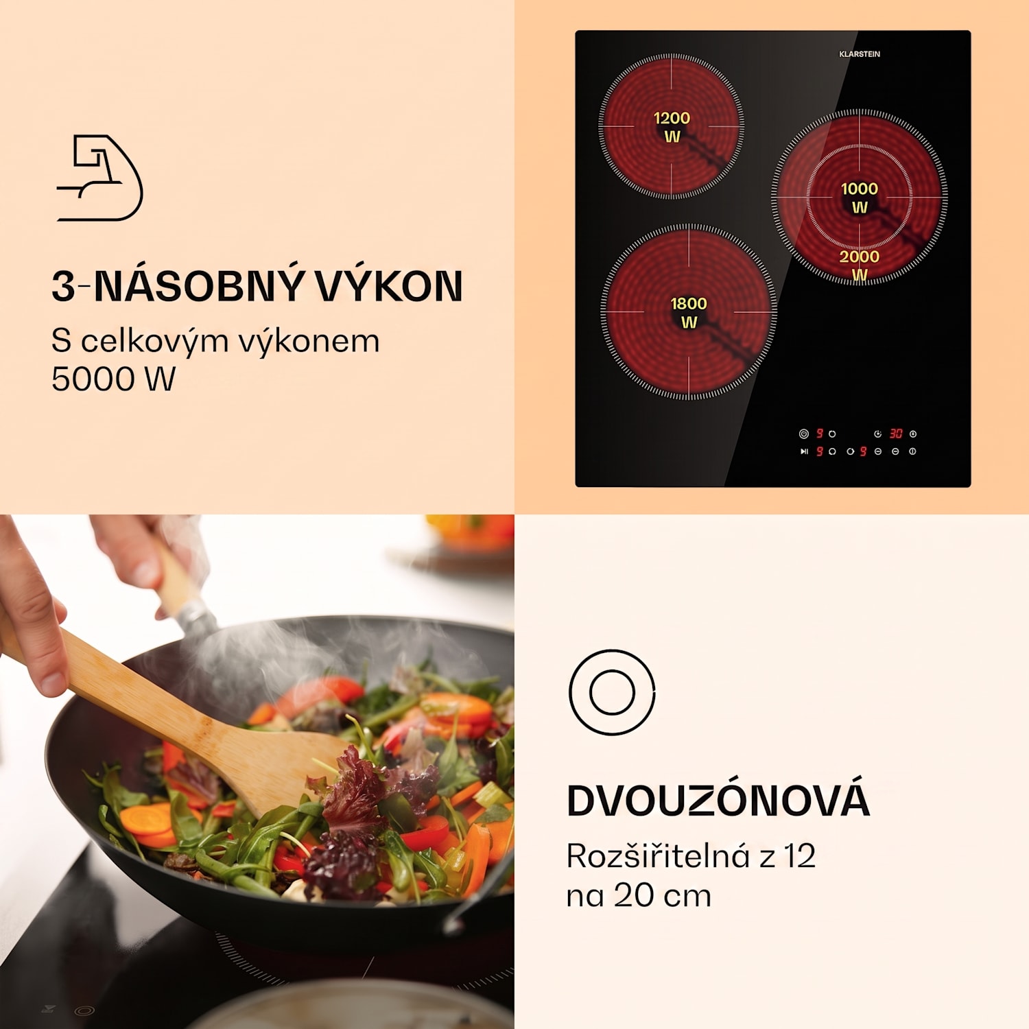Virtuoso 3 Slim, varná deska, 5000 W, 3 zóny, Dualzone, časovač, keramika 45 cm | Dvojitý | Bezrámový
