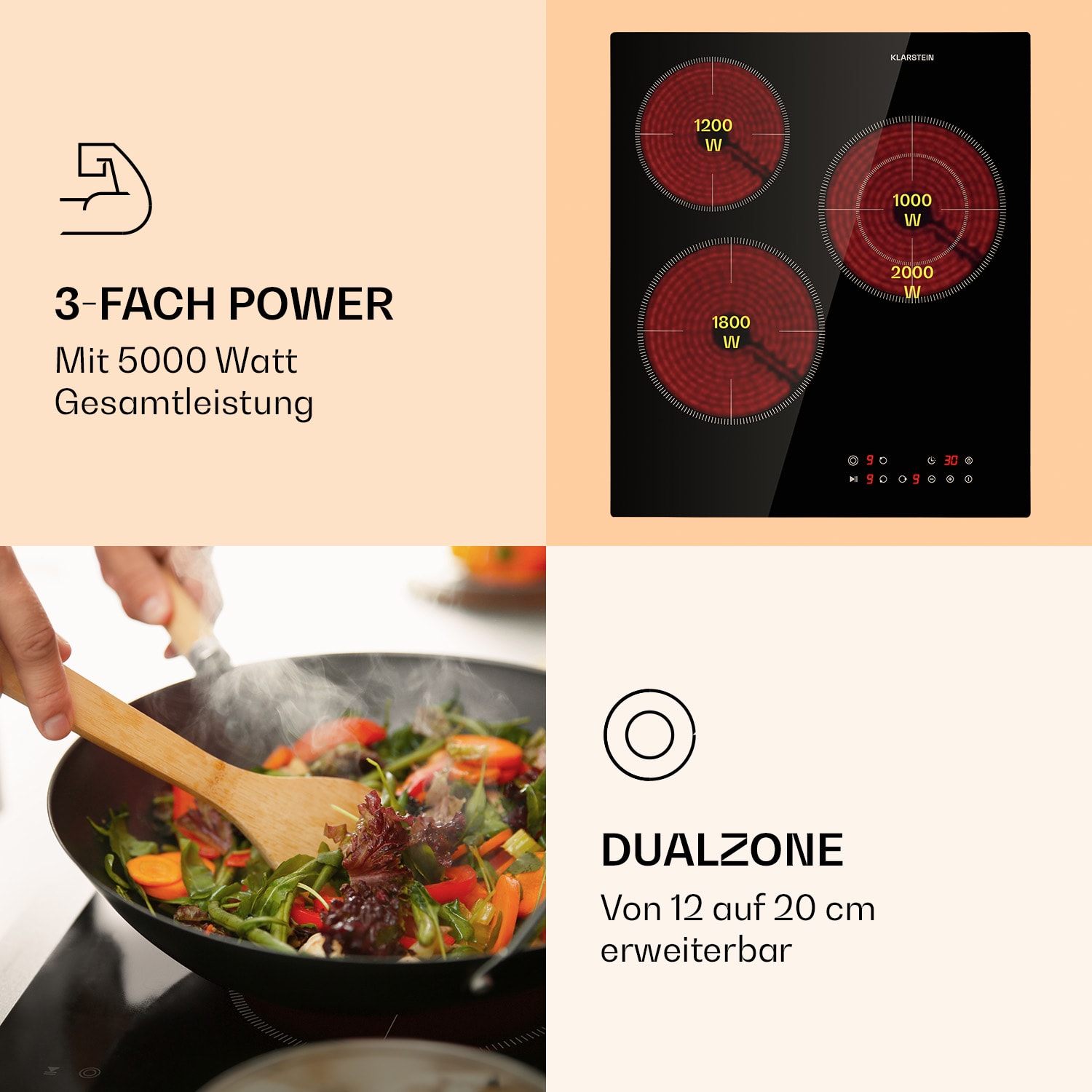 Virtuosa 3 Slim Kochfeld 3 Felder 5000 W Dualzone Timer Keramik 