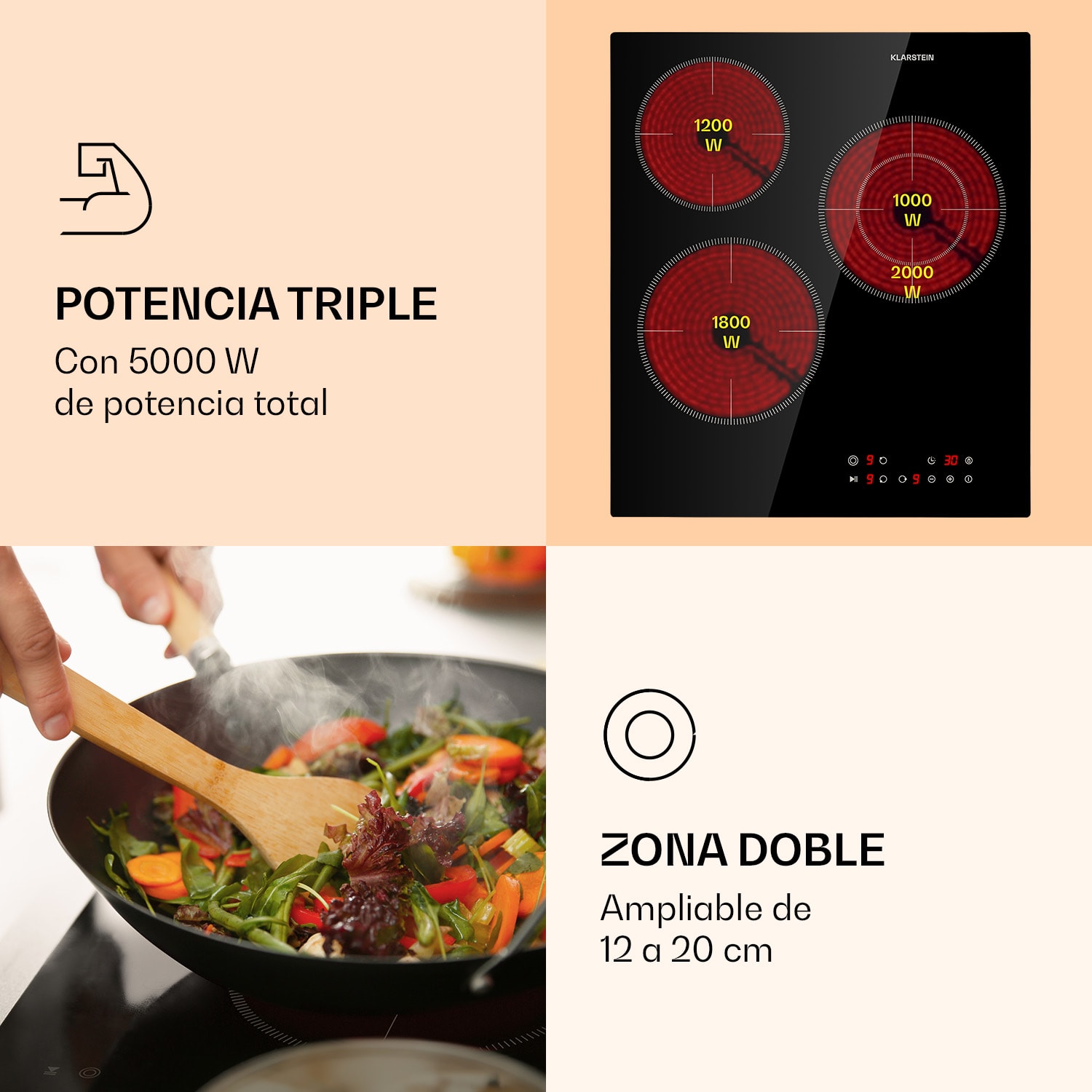 Virtuosa 3 Slim Cooktop 3 Ranges 5000 W Dualzone Timer Ceramic 45 cm | Doble | Sin marco