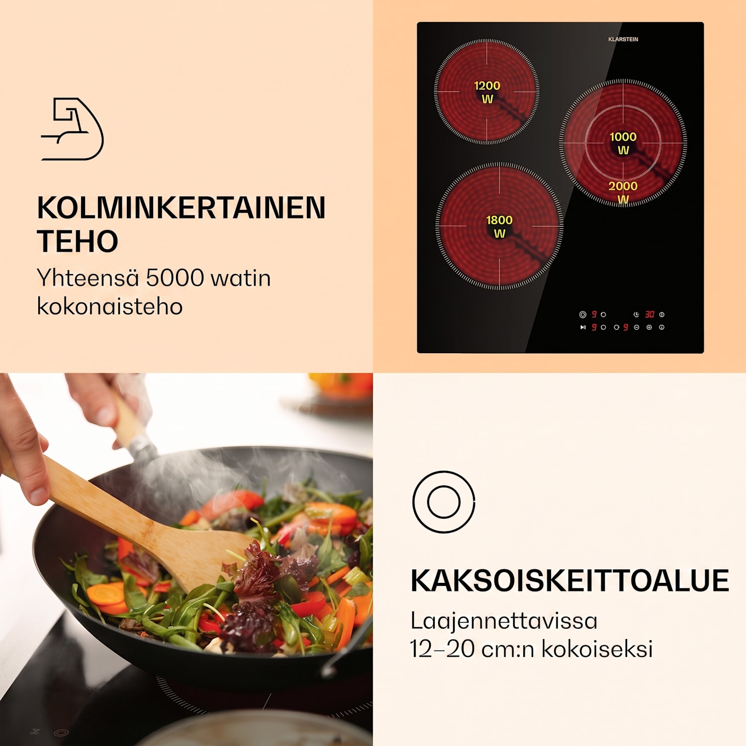 Virtuosa 3 Slim -keittotaso 3 astetta 5000 W kaksi vyöhykettä ajastin keraaminen 