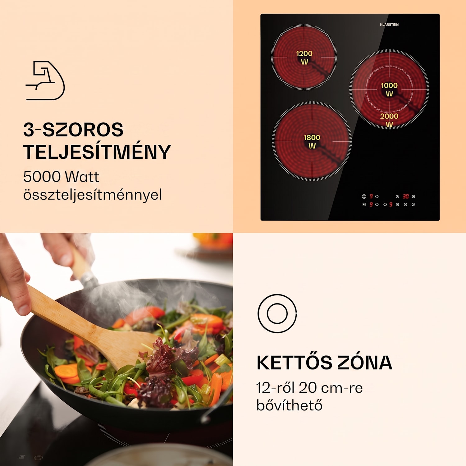 Virtuosa 3 Slim, főzőlap, 5000 W, 3 zóna, Dualzone, időzítő, kerámia 45 cm | Dupla | Keret nélküli