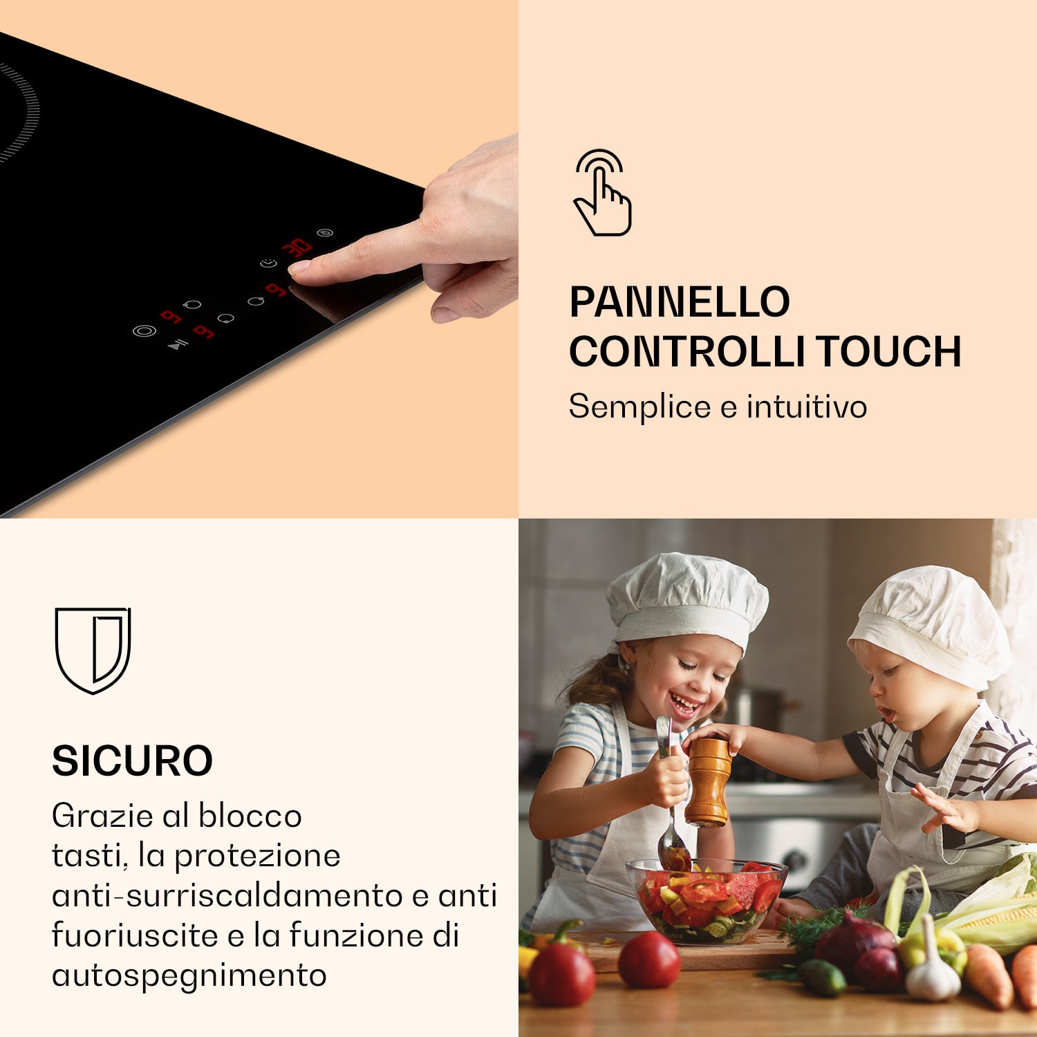 Virtuosa 3 Slim - Piano cottura, 3 zone, 5000 W, zona doppia, timer, ceramica 45 cm | Doppio | Senza cornice