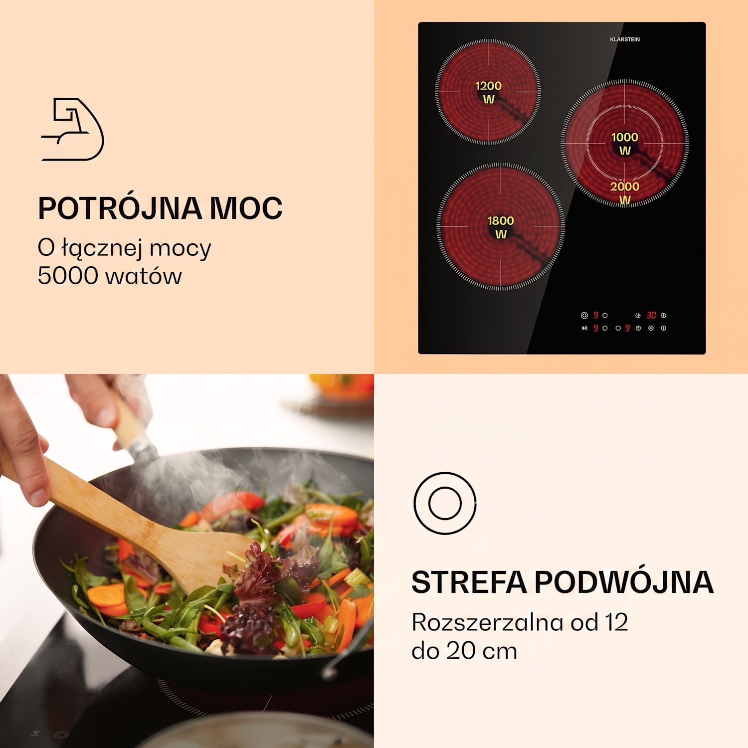 Virtuosa 3 Slim, płyta ceramiczna, 3 pola grzewcze, 5000 W, Dualzone 45 cm | Podwójny | Bez ramki