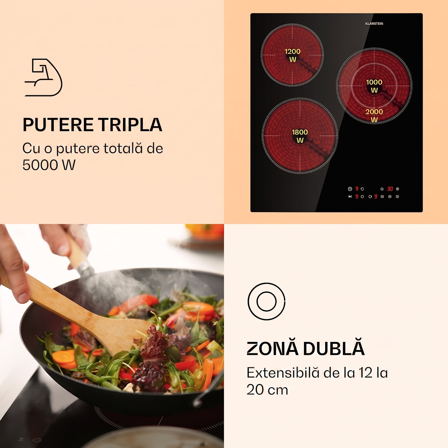 Virtuosa 3 Slim, plită, 3 zone, 5000 W, Dualzone, temporizator, ceramică 