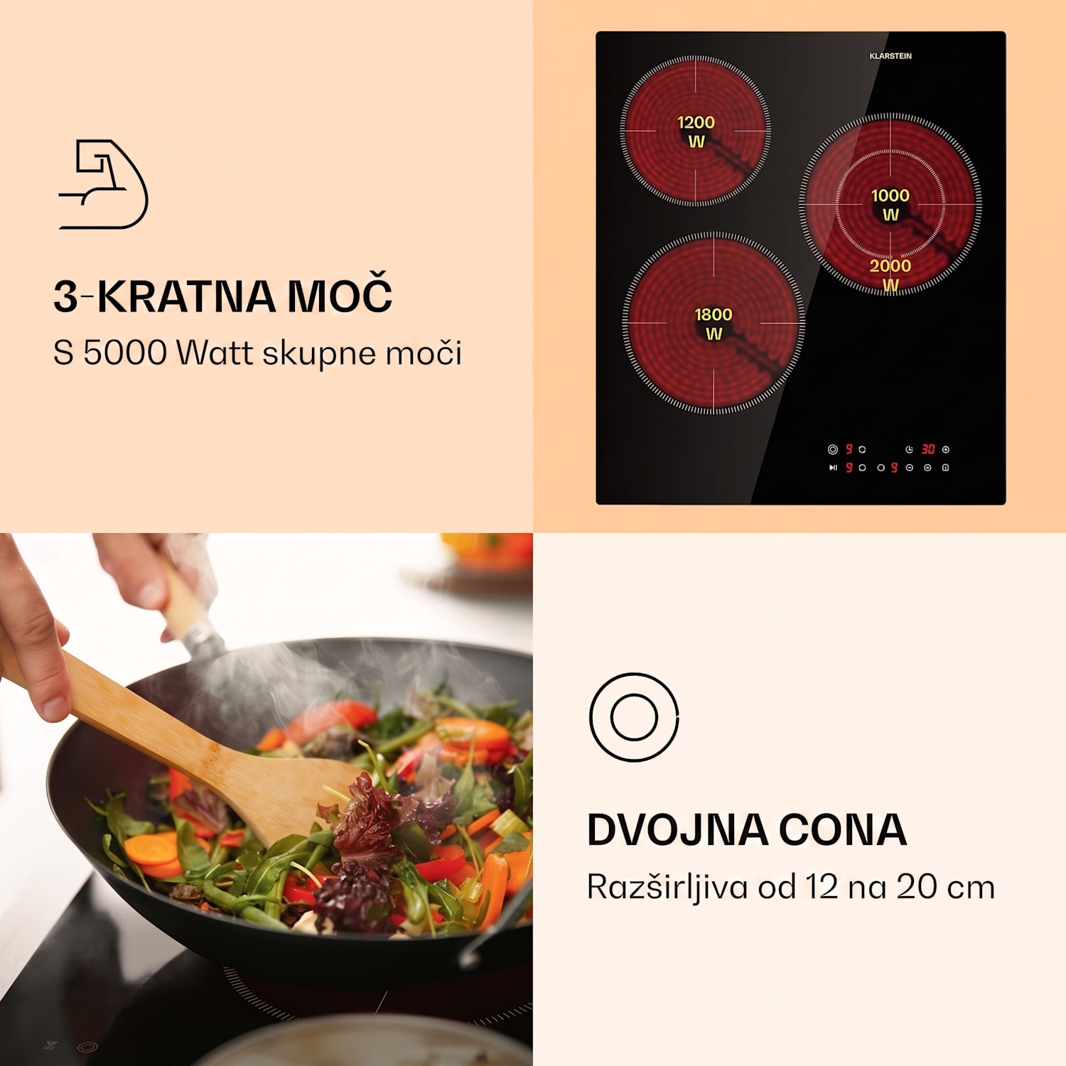 Virtuosa 3 Slim, kuhalna plošča, 3 kuhališča, 5000 W, Dualzone, časovnik, keramika 