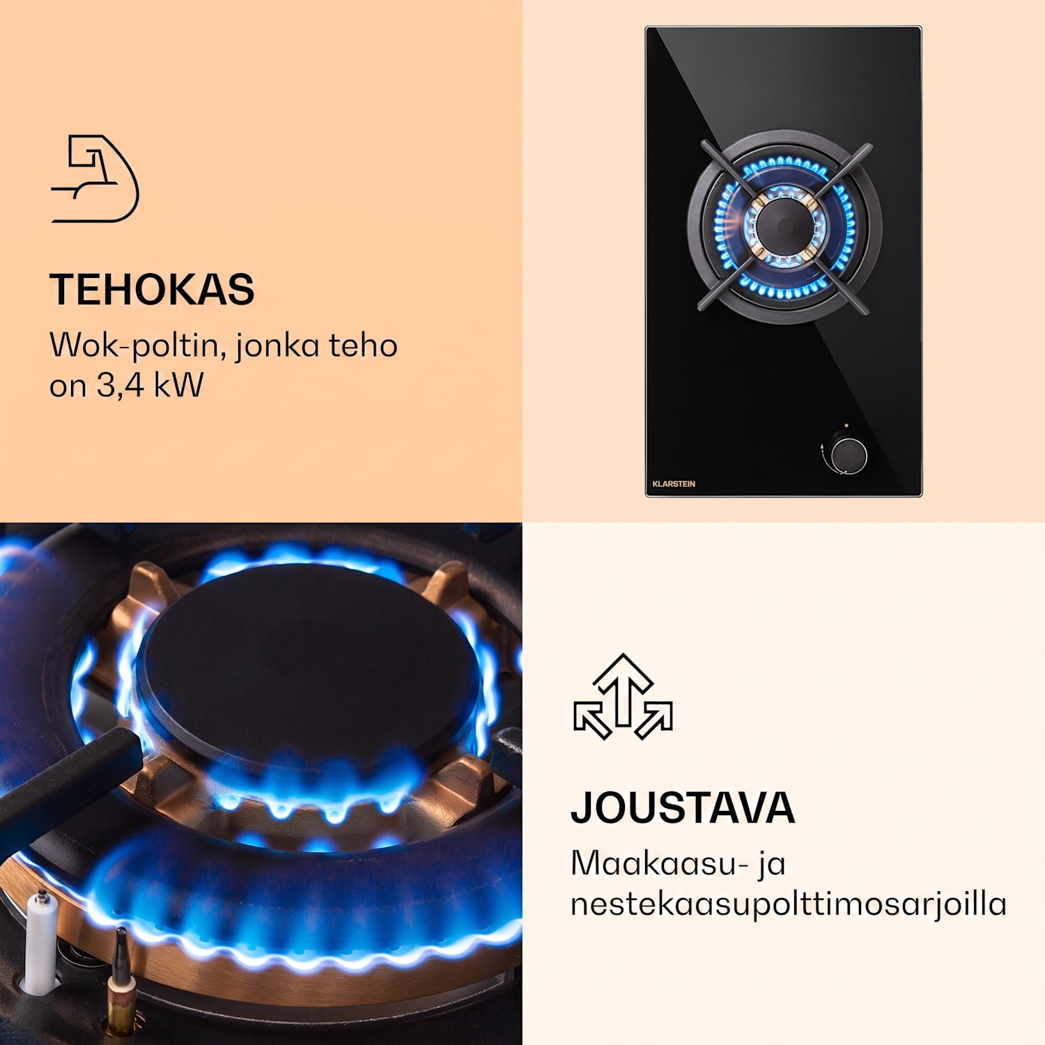 Goldflame kaasuliesi 1 wok-polttimella lasikeramiikka 30 cm | 1 poltin | Musta