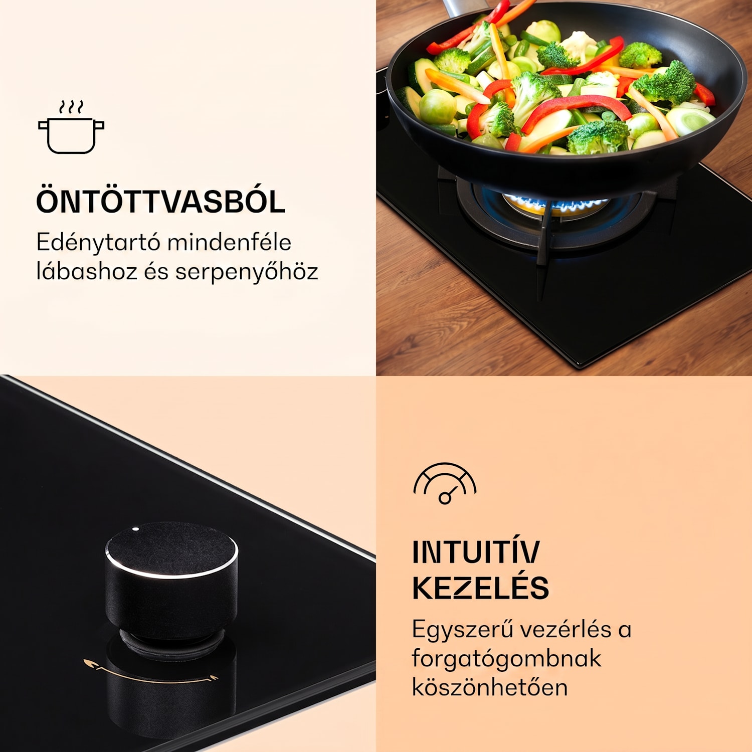 Goldflame, gázfőzőlap, 1 wok tűzhely, üvegkerámia 30 cm | 1 égő | Fekete
