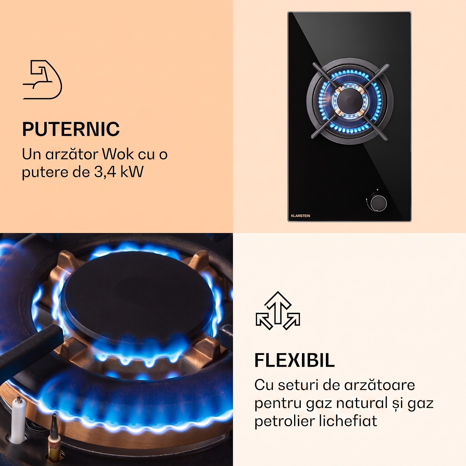 Goldflame, plită pe gaz, 1 arzător wok, sticlă ceramică 30 cm | 1 arzător | Negru