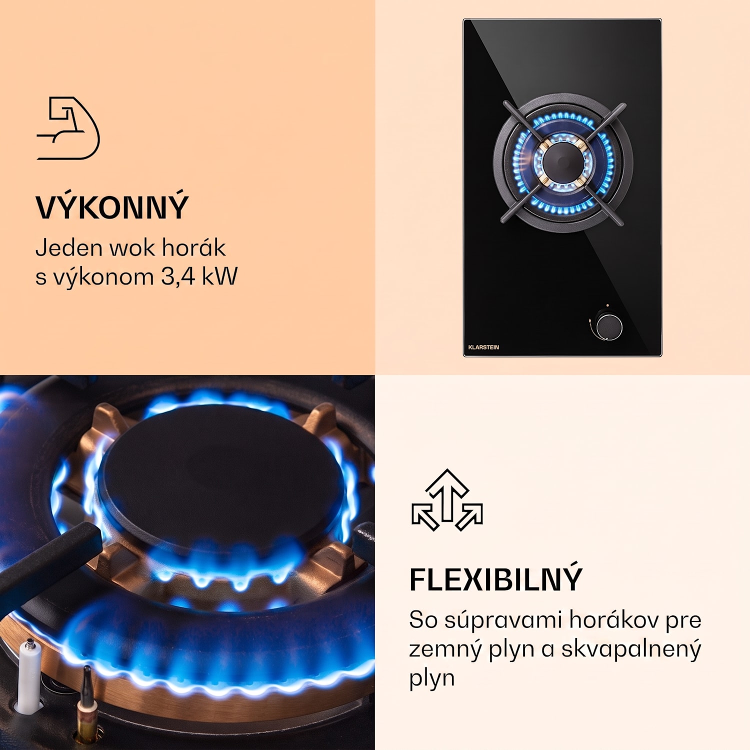 Goldflame, plynová varná doska, 1 wok horák, sklokeramika 30 cm | 1 horák | Čierna