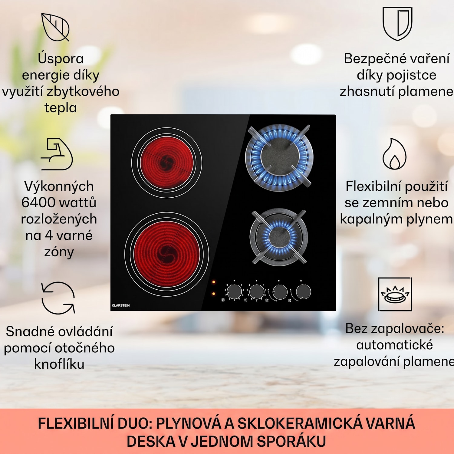 MultiChef 4, kombinovaná varná deska, plyn a sklokeramika, 4 zóny 60 cm | Plynová a sklokeramická varná deska | Černá