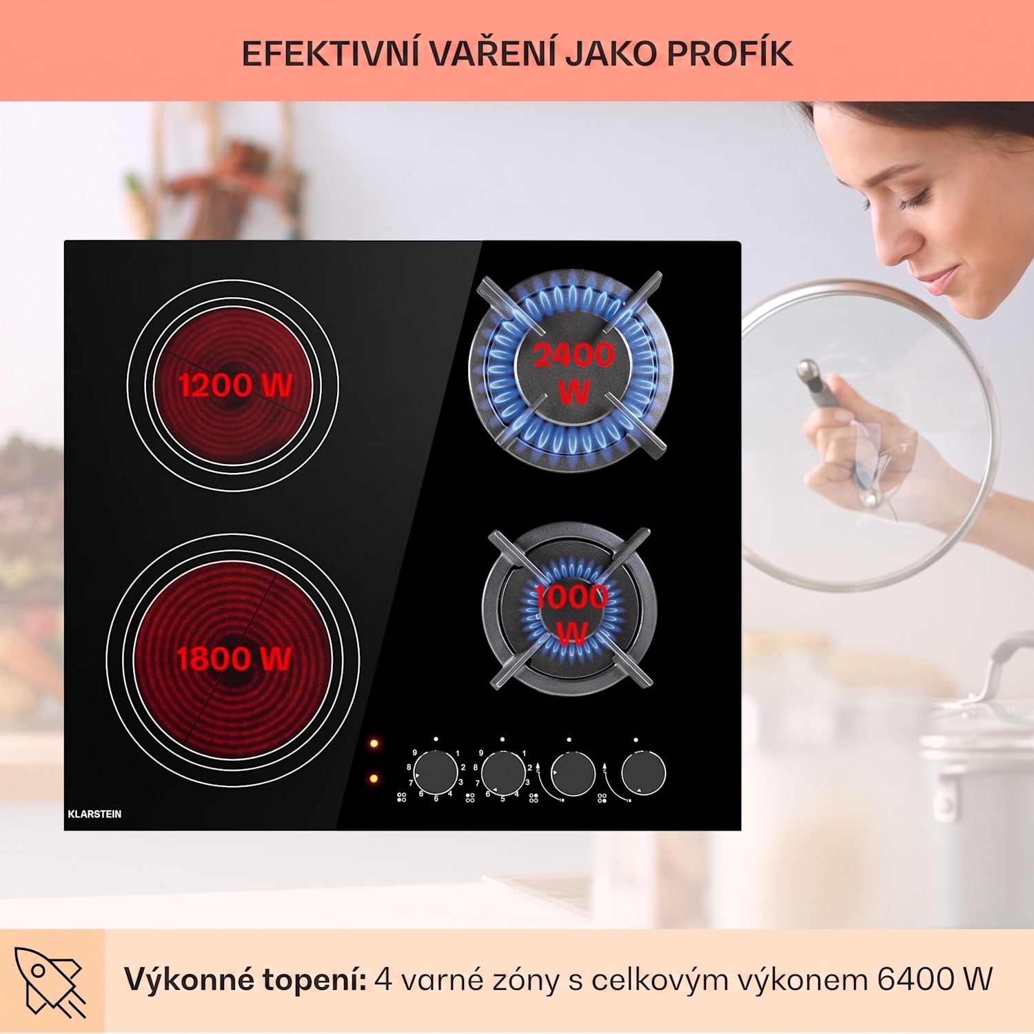 MultiChef 4, kombinovaná varná deska, plyn a sklokeramika, 4 zóny 60 cm | Plynová a sklokeramická varná deska | Černá